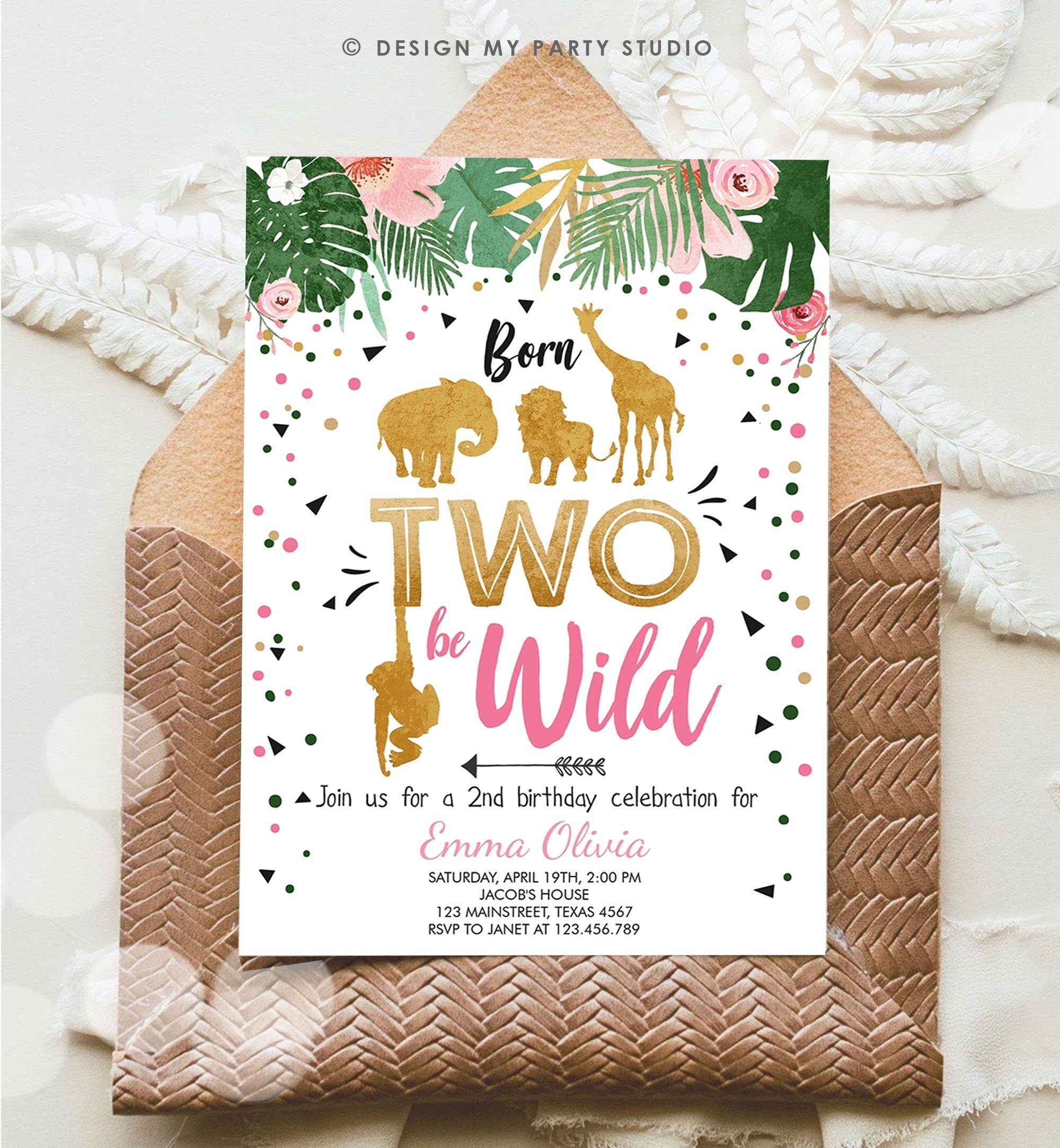 Editable Born Two Be Wild Birthday Invitation Girl Animals Jungle Safari Pink Gold 2nd Birthday Digital Download Template Printable 0016