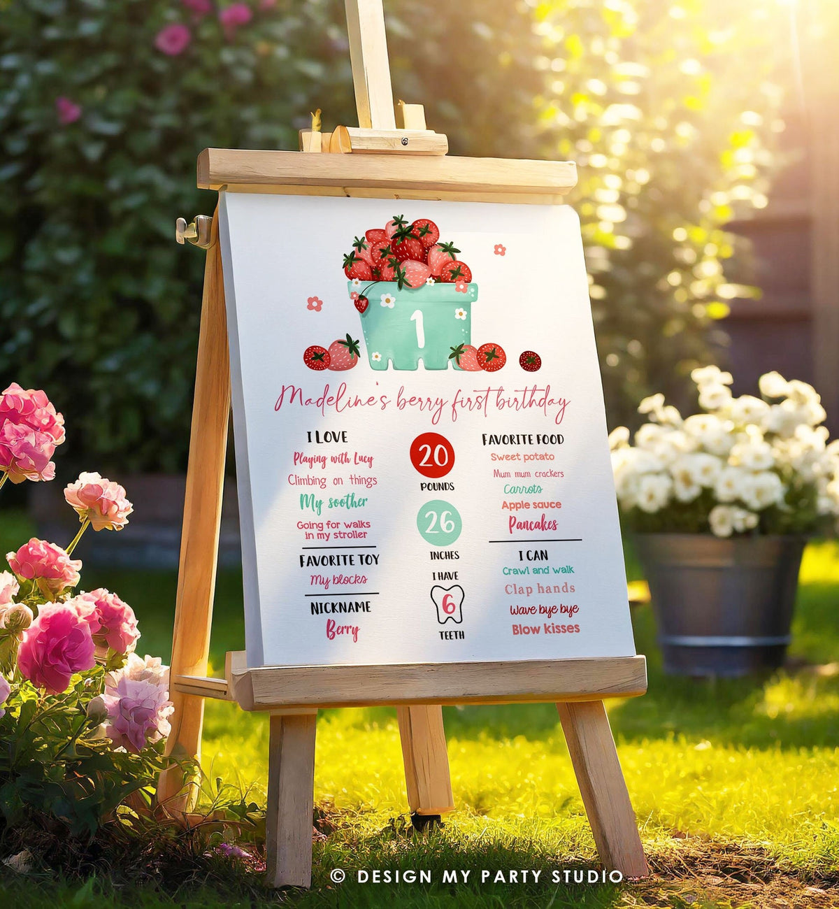 Editable Strawberry Birthday Milestones Sign Strawberry First Birthday Girl Strawberries Watercolor Digital Download Template Printable 0506