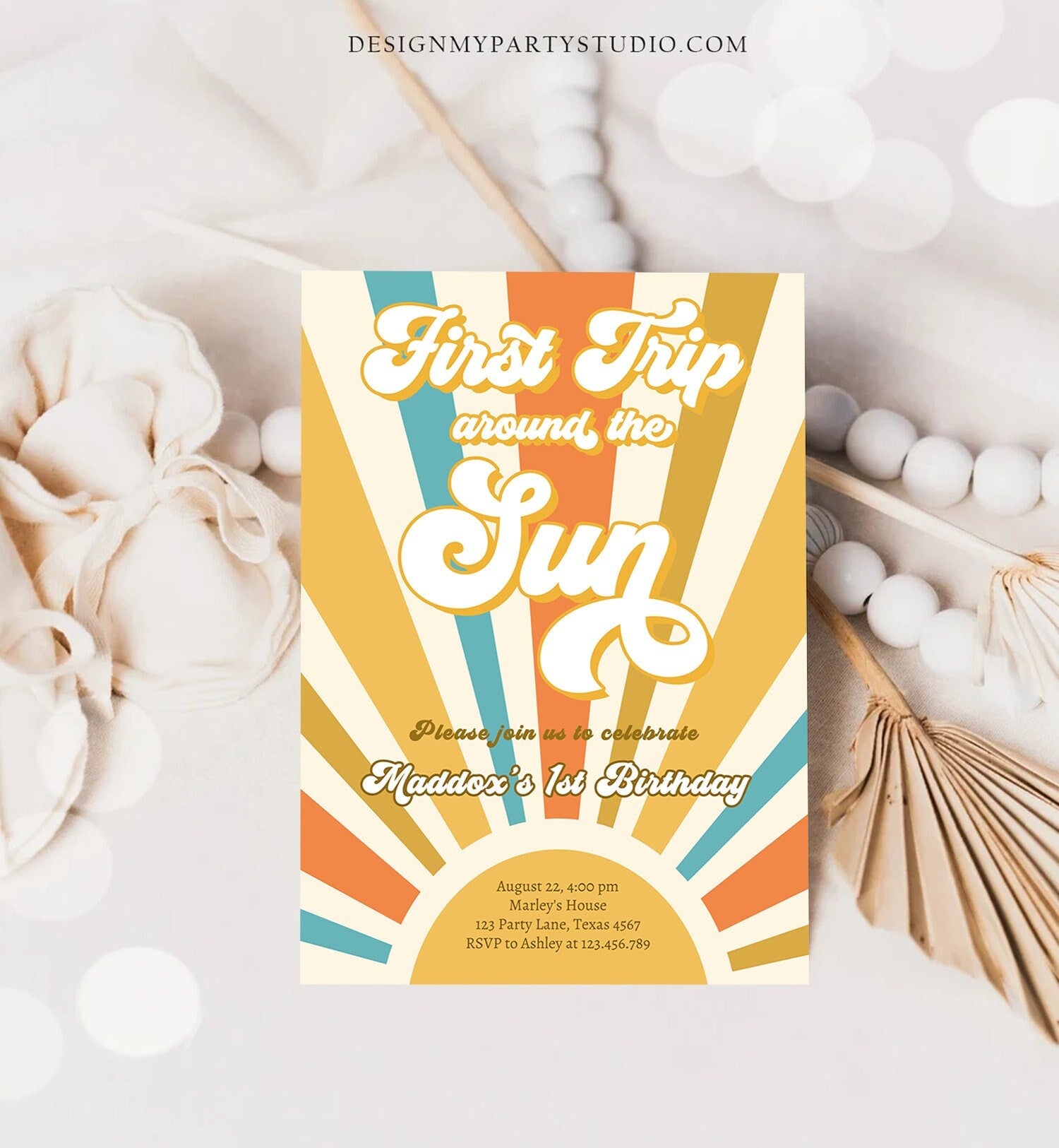 Editable First Trip Around The Sun Birthday Invitation 1st Birthday My Sunshine Boho Retro Digital Download Evite Template Printable 0457