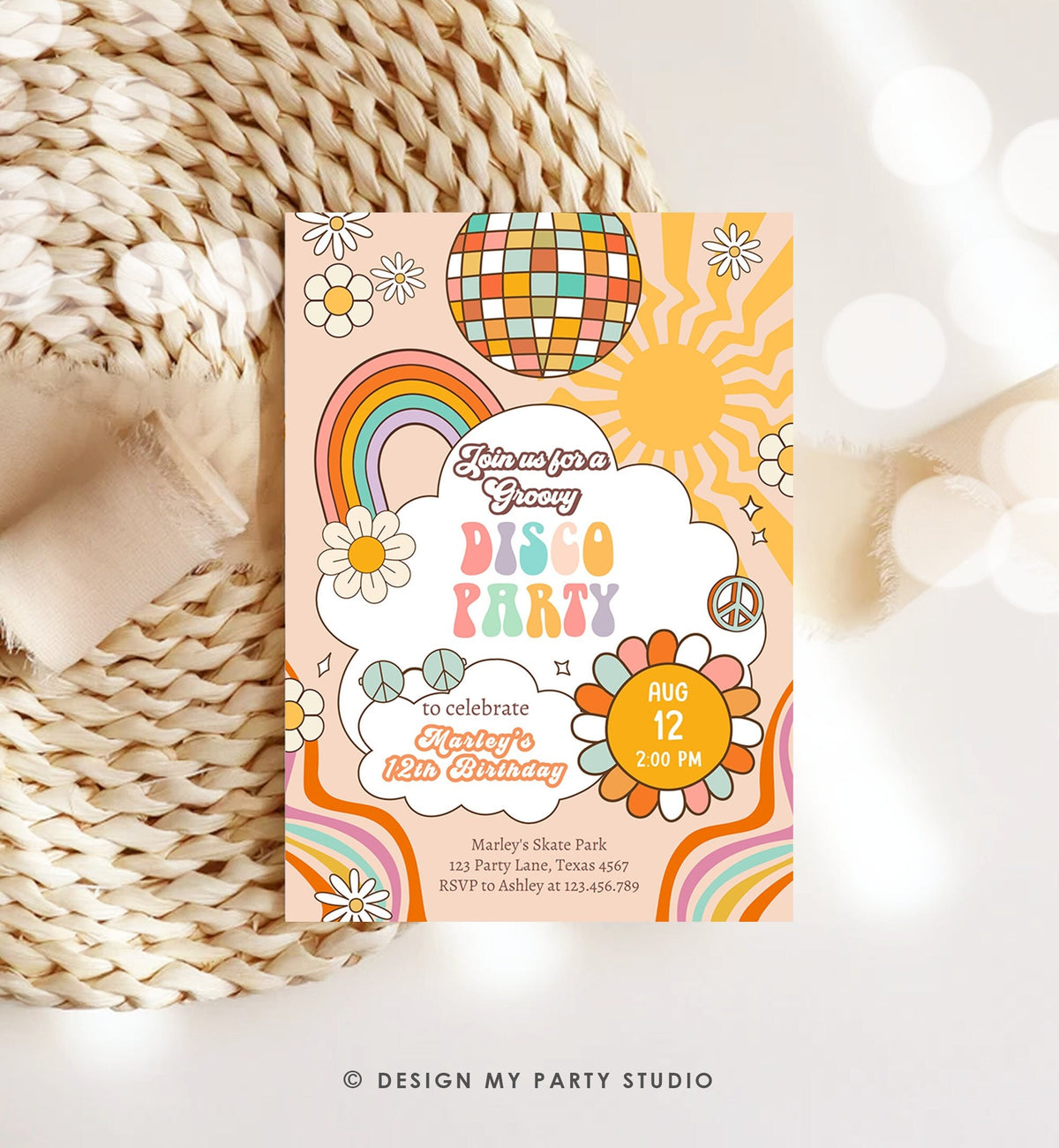 Editable Groovy Birthday Party Invitation Disco Party Birthday Hippie Boho Retro Flower Power 70&#39;s Girl Digital Template Printable 0459