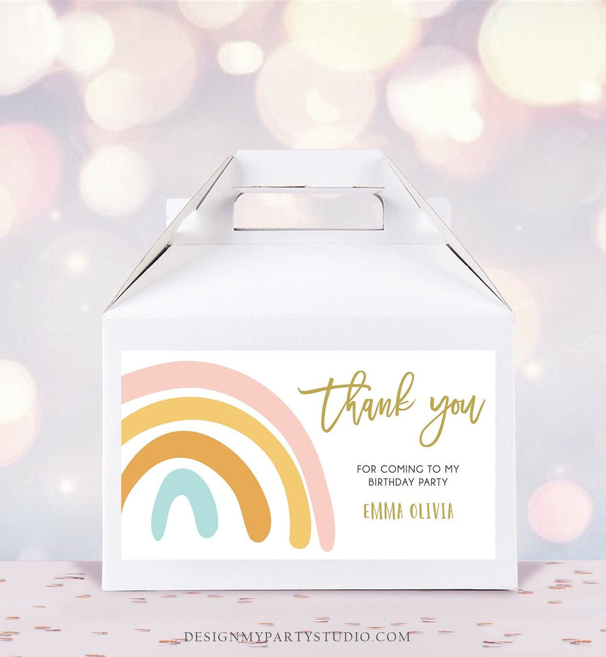 Editable Rainbow Gable Gift Box Label Muted Rainbow Birthday Party Girl Treat Box Rainbow Favor Digital Download Template Printable 0331