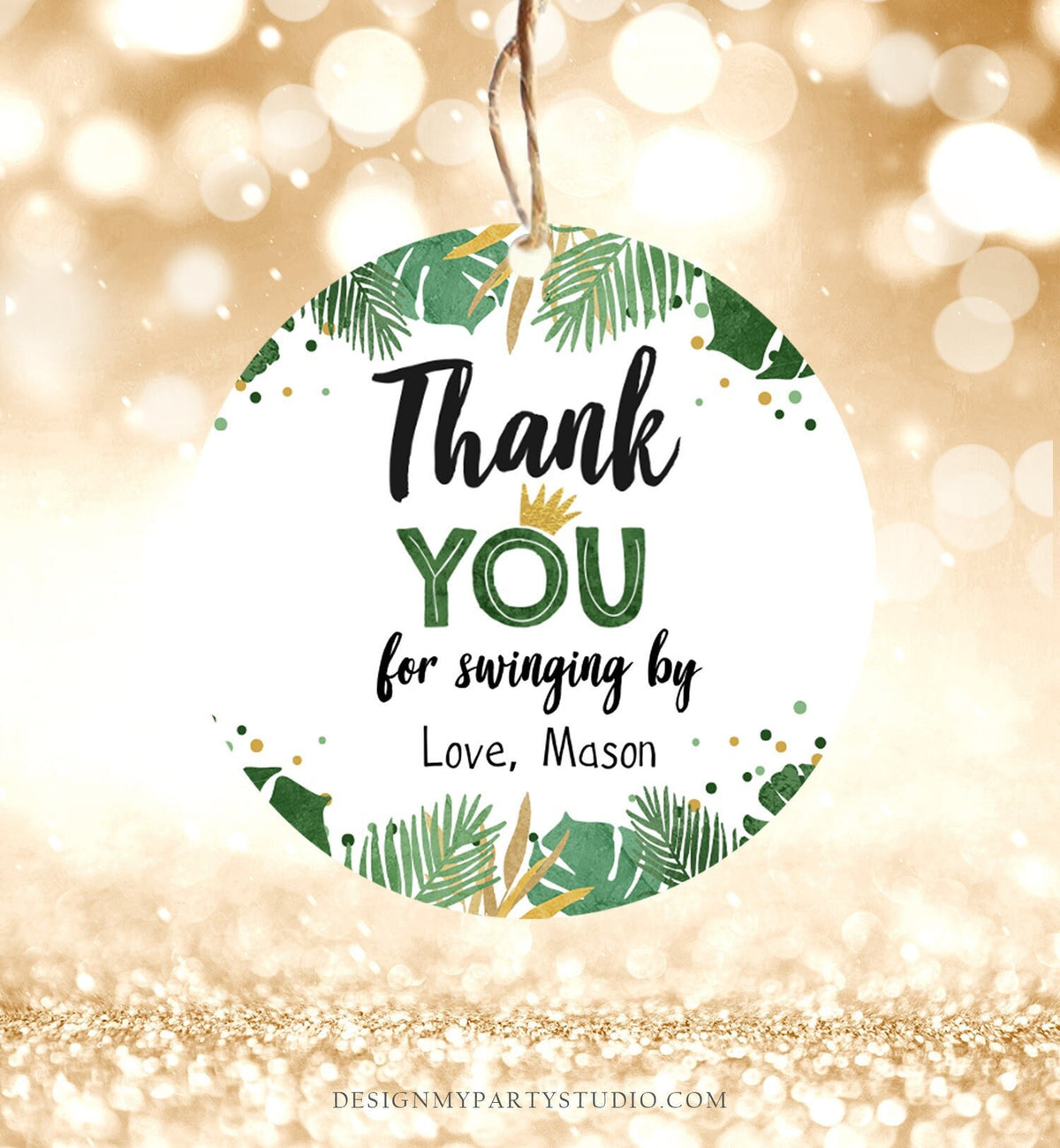 Editable Tropical Safari Favor Tags Thank You Wild One Label Jungle Zoo Wild Things Boy Green Gold Gift Tag Download Corjl Template 0332