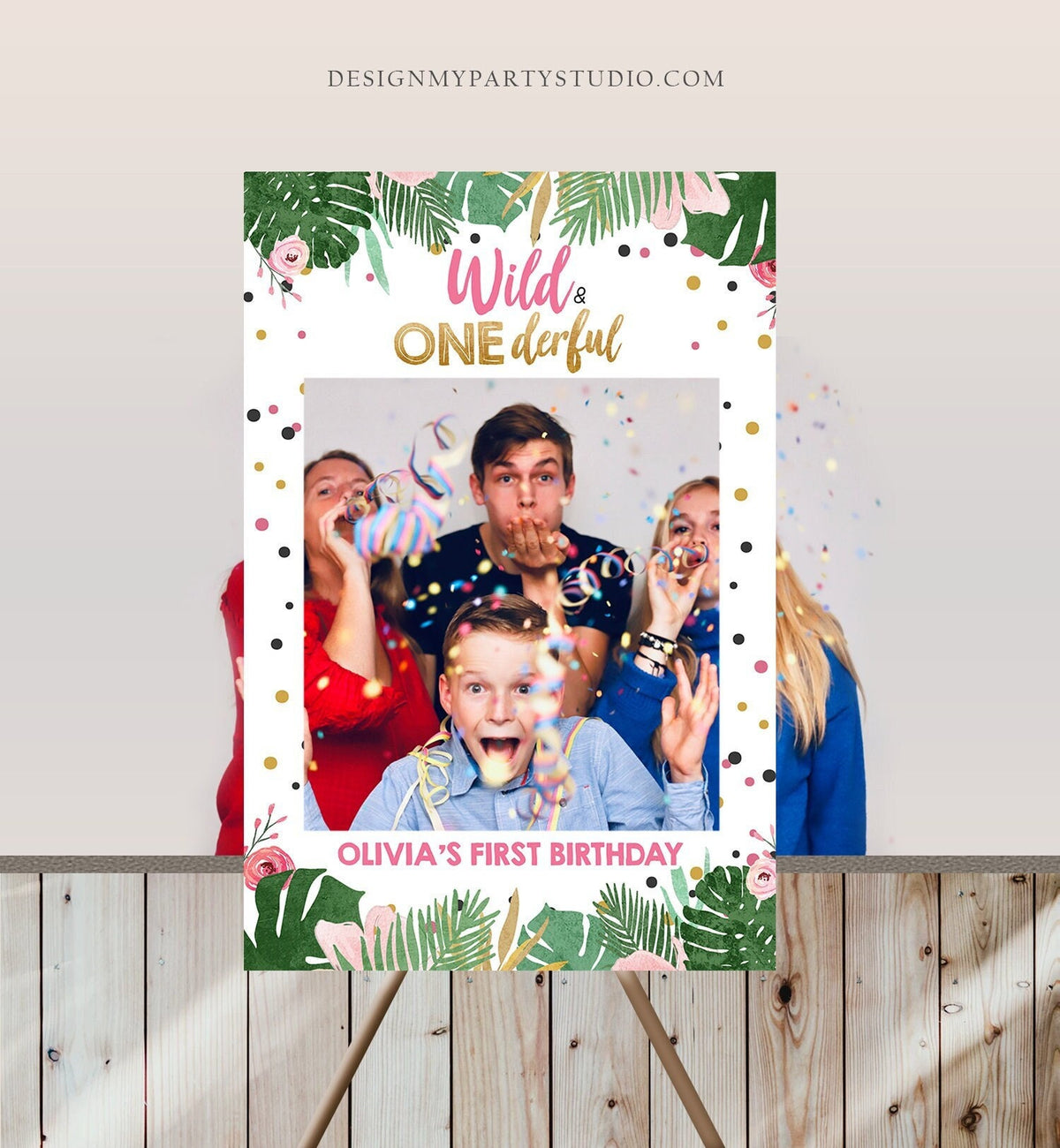 Editable Safari Birthday Photo Frame Pink Gold Girl First Birthday Wild Onederful Wild One Party Booth Decor Animals Corjl Template 0332