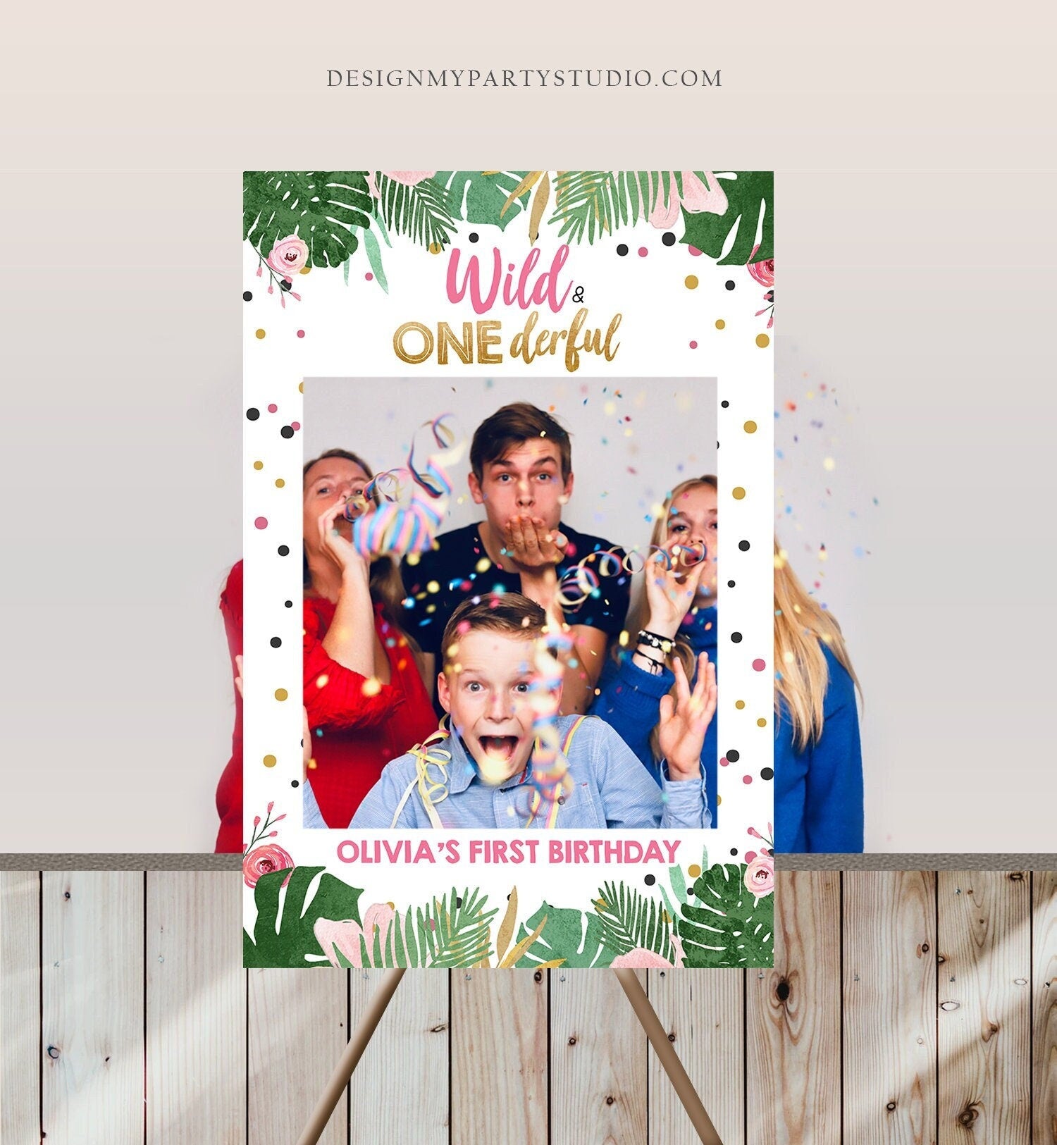 Editable Safari Birthday Photo Frame Pink Gold Girl First Birthday Wild Onederful Wild One Party Booth Decor Animals Corjl Template 0332