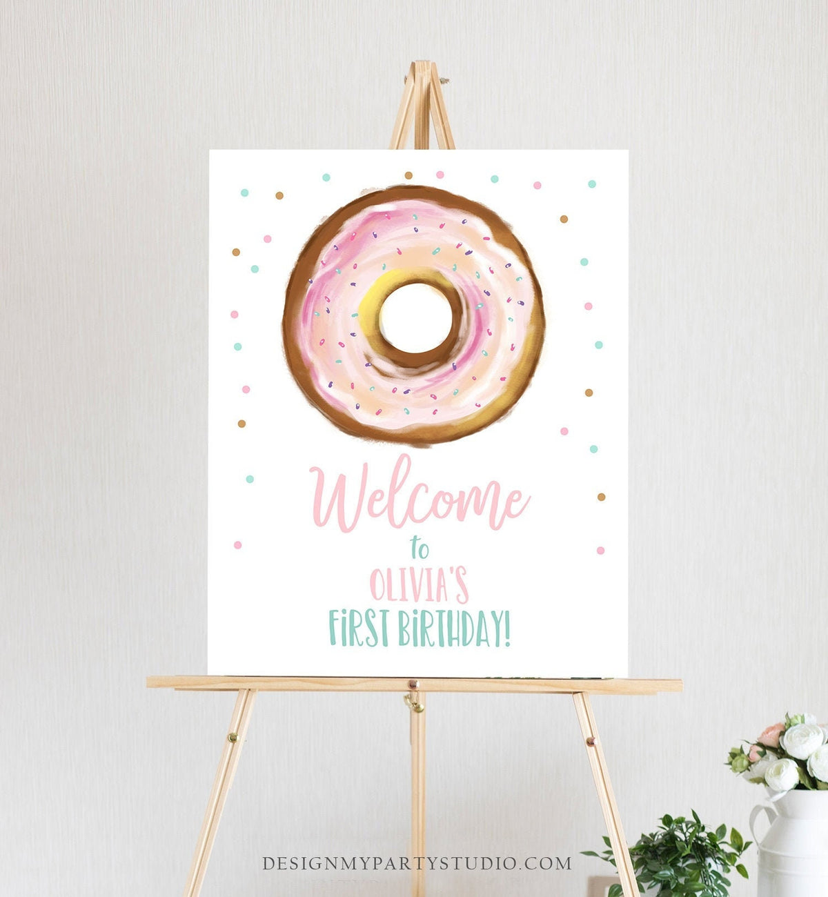 Editable Donut Welcome Sign Donut Birthday Party Pink Girl Doughnut Baby Shower Two Sweet Sprinkle Download Corjl Template Printable 0368