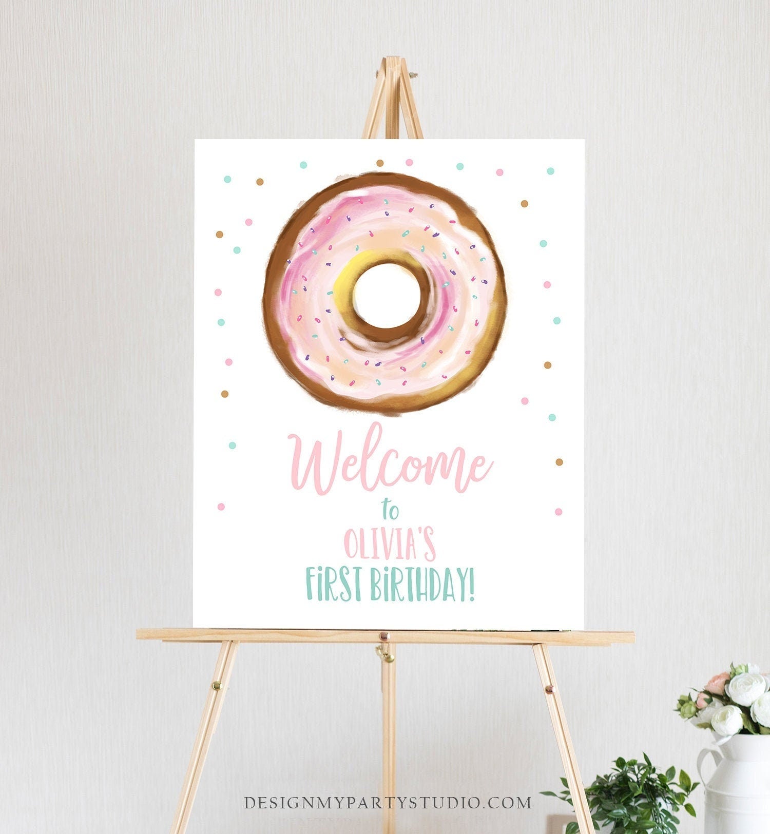 Editable Donut Welcome Sign Donut Birthday Party Pink Girl Doughnut Baby Shower Two Sweet Sprinkle Download Corjl Template Printable 0368