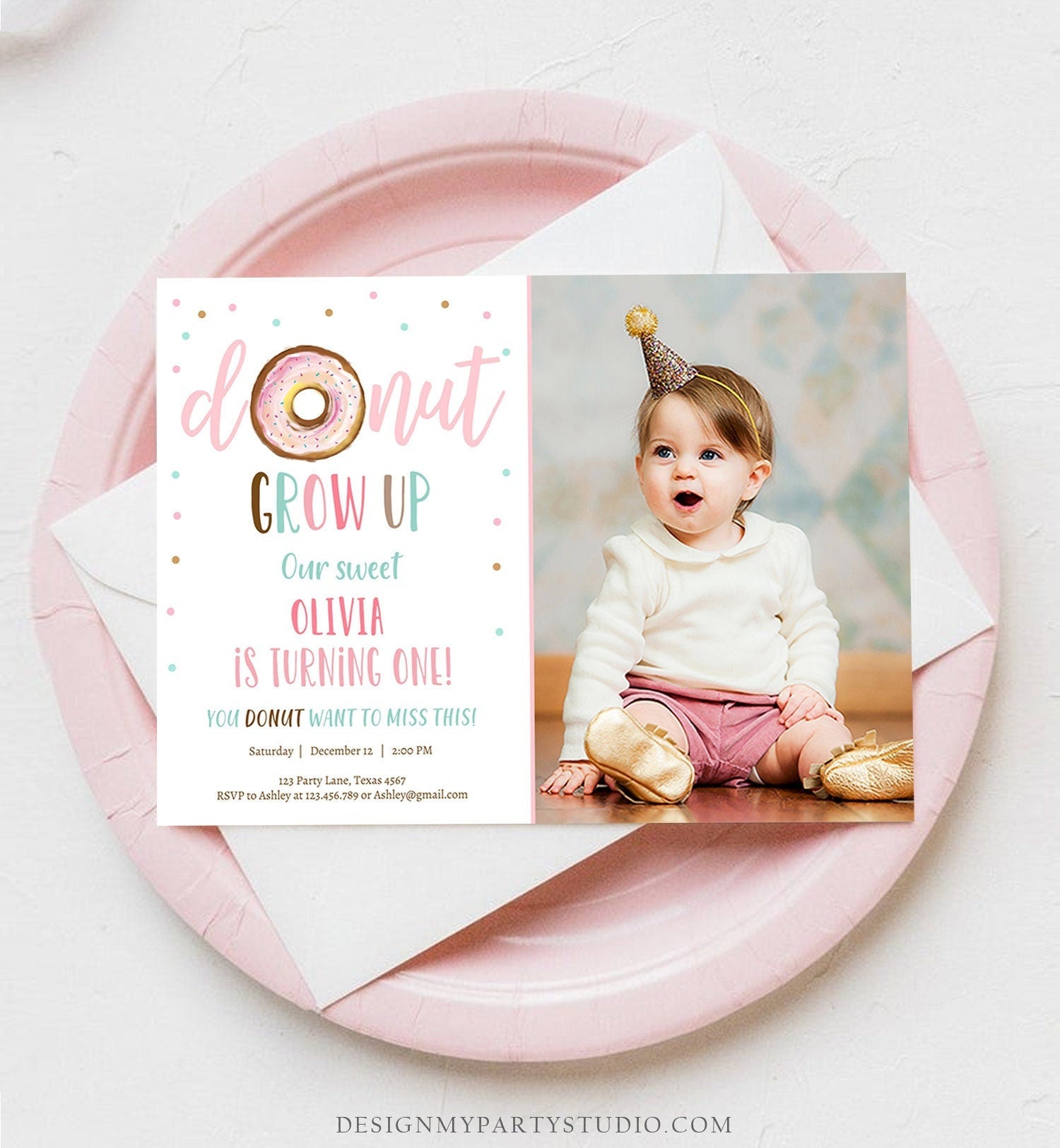 Editable Donut Grow Up Birthday Invitation First Birthday Pink Girl Sweet One Watercolor Digital Download Evite Template Printable 0368