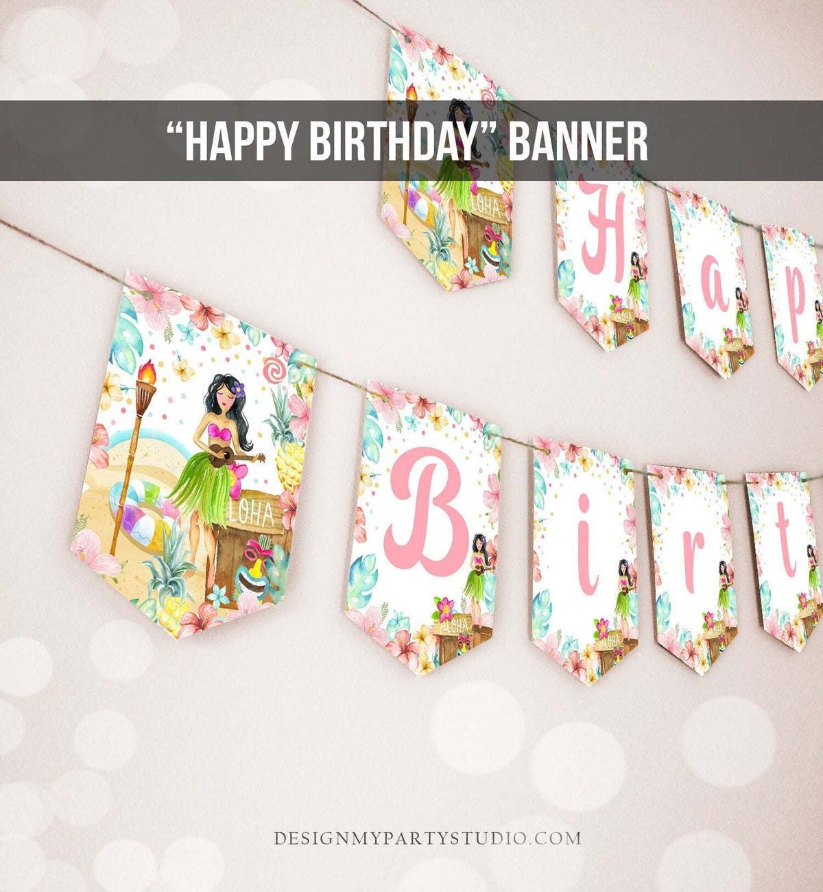 Aloha Happy Birthday Banner Tropical Luau Birthday Luau Party Decor Hawaiian Leaves Pineapple Girl Pink Digital Download Printable 0413