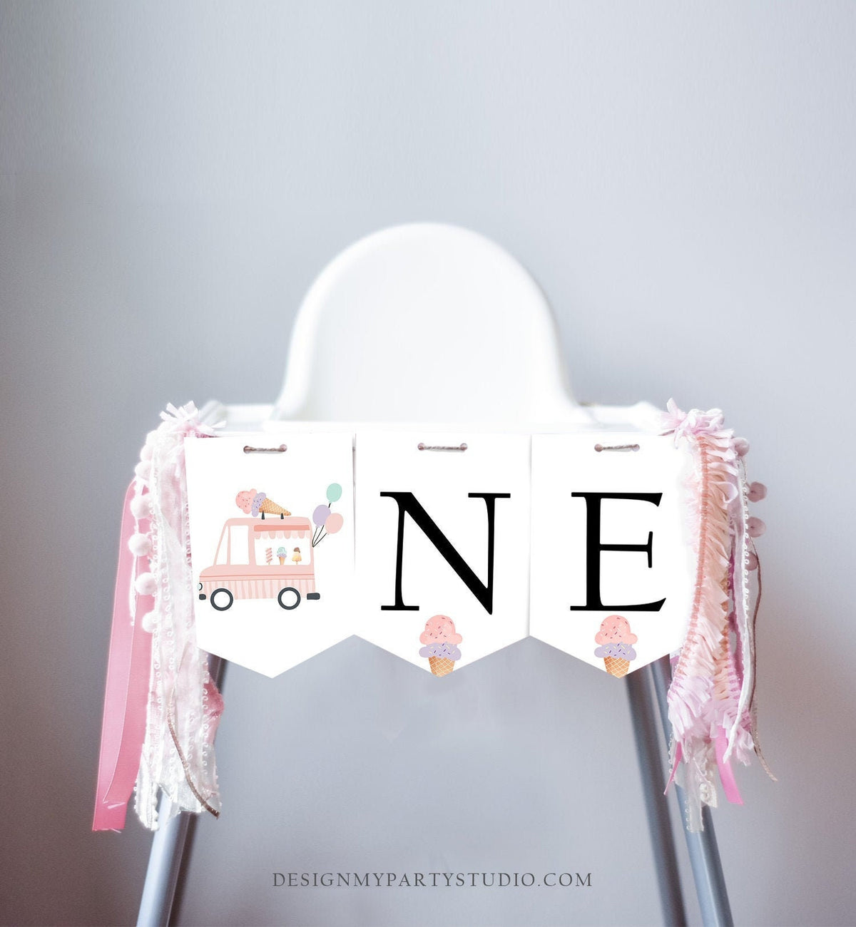 Ice Cream Truck High Chair Banner Modern Mint Pink Ice Cream 1st First Birthday Girl High Chair ONE Banner Sweet One Digital Printable 0415