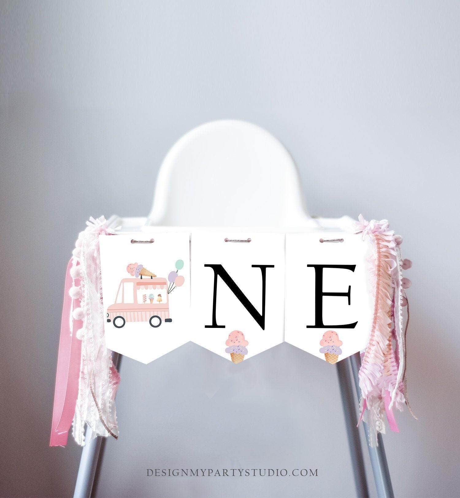 Ice Cream Truck High Chair Banner Modern Mint Pink Ice Cream 1st First Birthday Girl High Chair ONE Banner Sweet One Digital Printable 0415