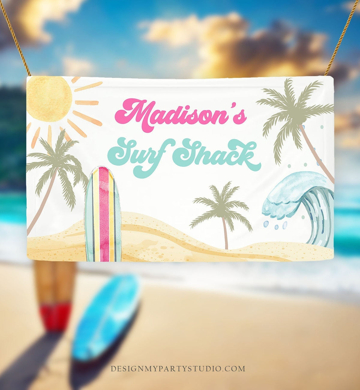 Editable Surf Birthday Backdrop Banner Surfing Girl First Beach The Big One Surf Shack Digital Download Template Printable 0433