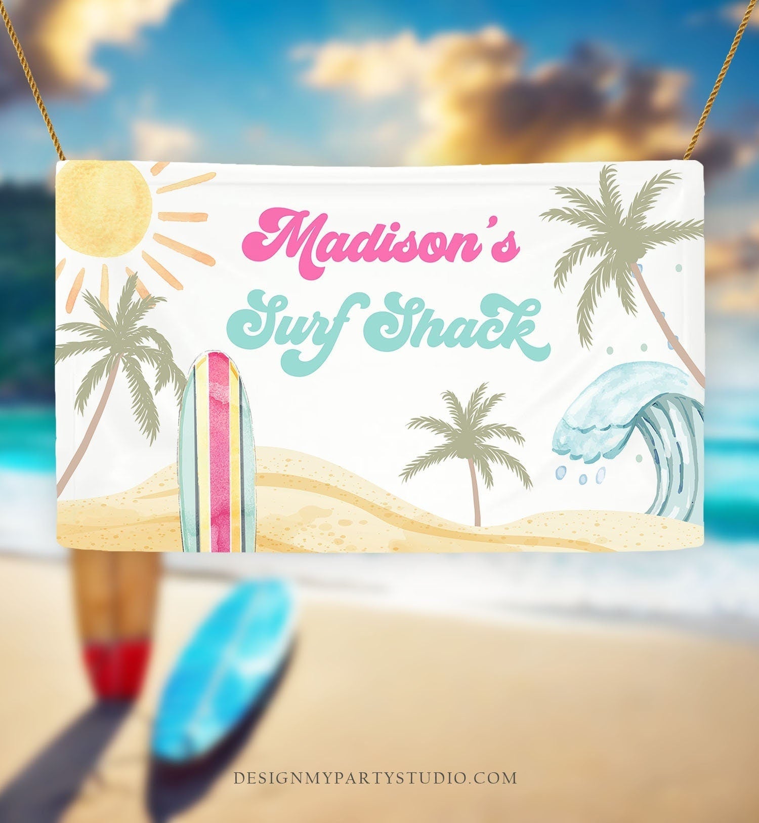 Editable Surf Birthday Backdrop Banner Surfing Girl First Beach The Big One Surf Shack Digital Download Template Printable 0433