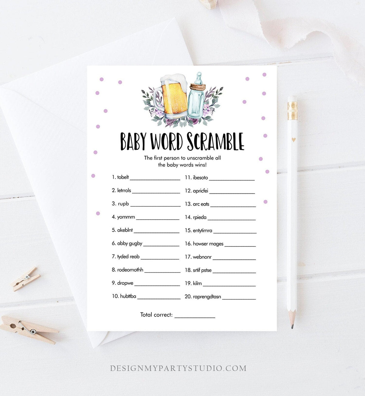 Editable Word Scramble Baby Shower Game Word Search Greenery Baby is Brewing Shower Purple Lilac Beer Bottle Corjl Template Printable 0190