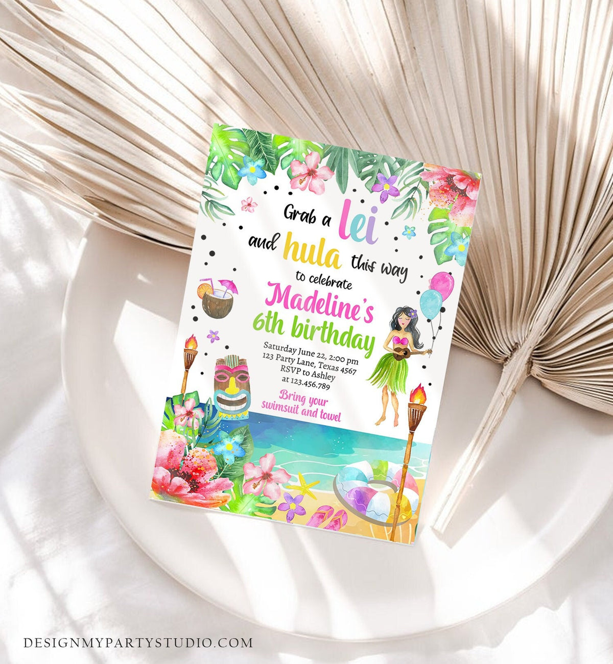 Editable Hawaiian Luau Birthday Invitation Tropical Pool Party Luau Party Hawaiian Hawaii Digital Download Evite Template Printable 0412
