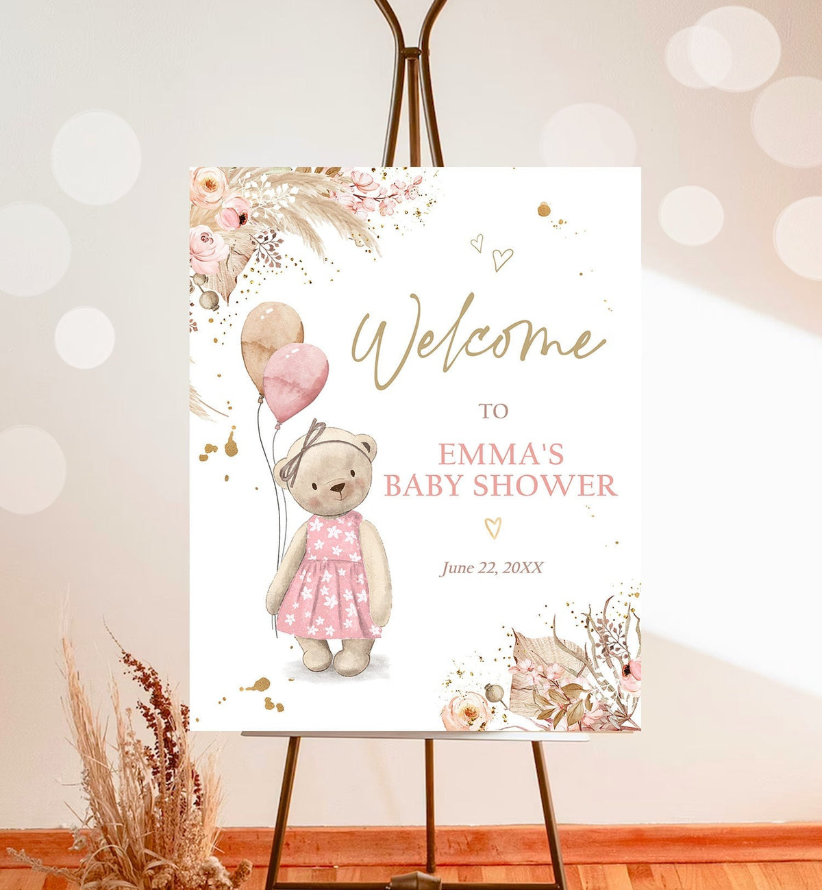 Editable Boho Teddy Bear Welcome Sign Bear Baby Shower Girl Bearly Wait Baby Shower Pampas Grass Bohemian Digital Template Printable 0421