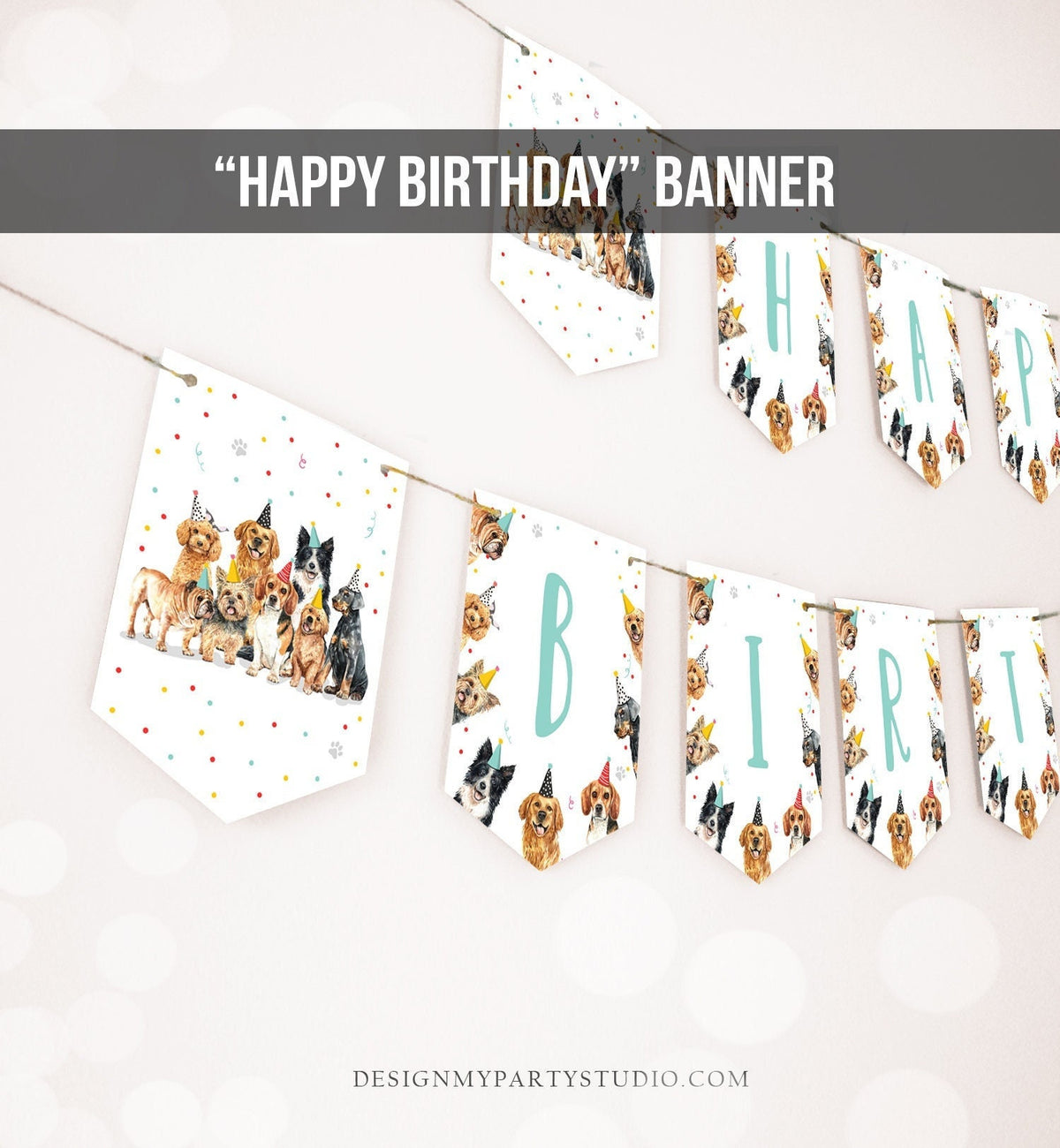 Happy Birthday Banner Dog Birthday Banner Puppy Pawty Girl Decor Animal Pet Vet Puppy Party Dogs Digital Download Template Printable 0384