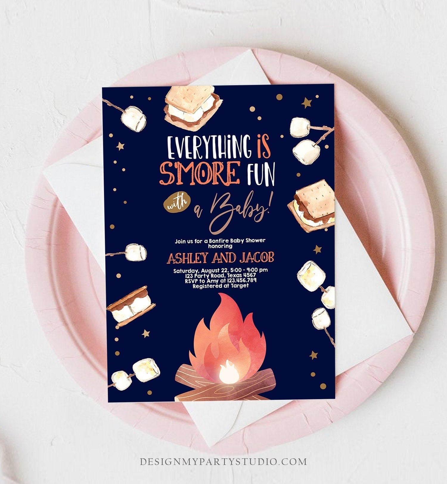 Editable S'more Baby Shower Invitation Bonfire Baby Shower Autumn Couples Fall Smores Neutral Digital Download Template Printable 0179
