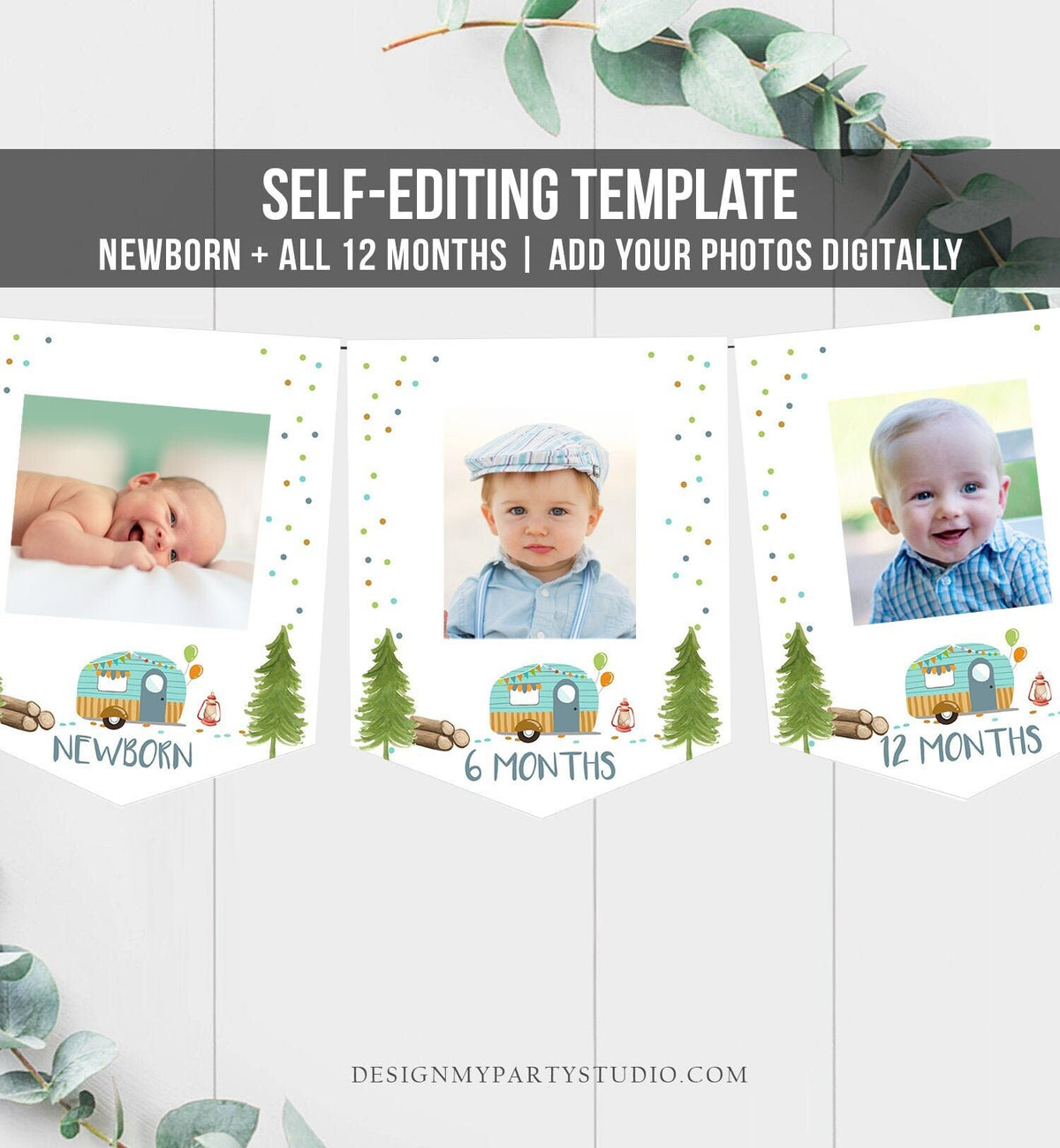 Editable Happy Camper Birthday Banner Monthly Photo Banner Glamping Party Camping Boy Garland Digital Download Template Printable 0342