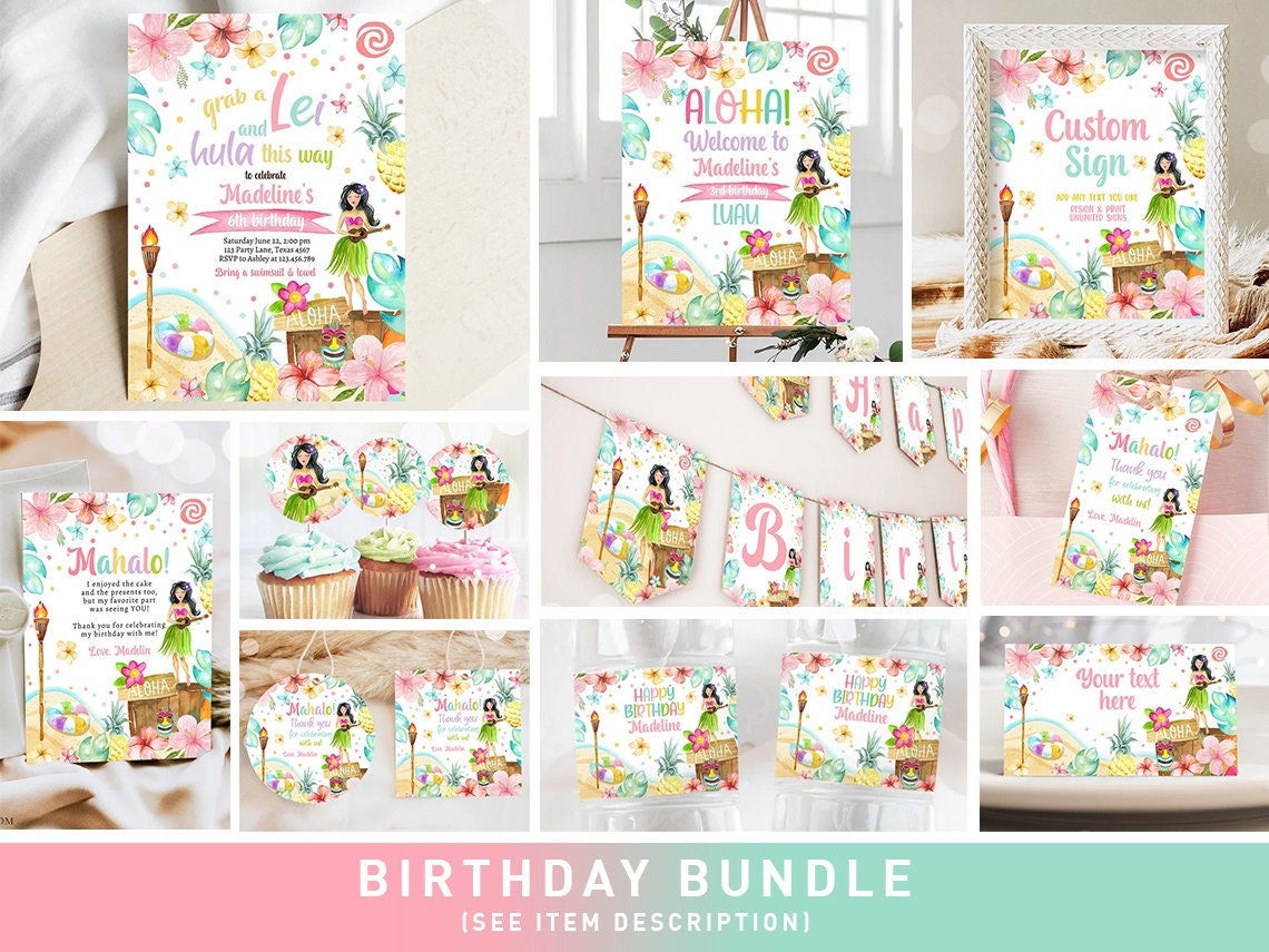 Hawaiian Luau Birthday Invitation Bundle Tropical Pool Party Luau Party Pack Girl Luau Party Package Summer Digital Template Printable 0413