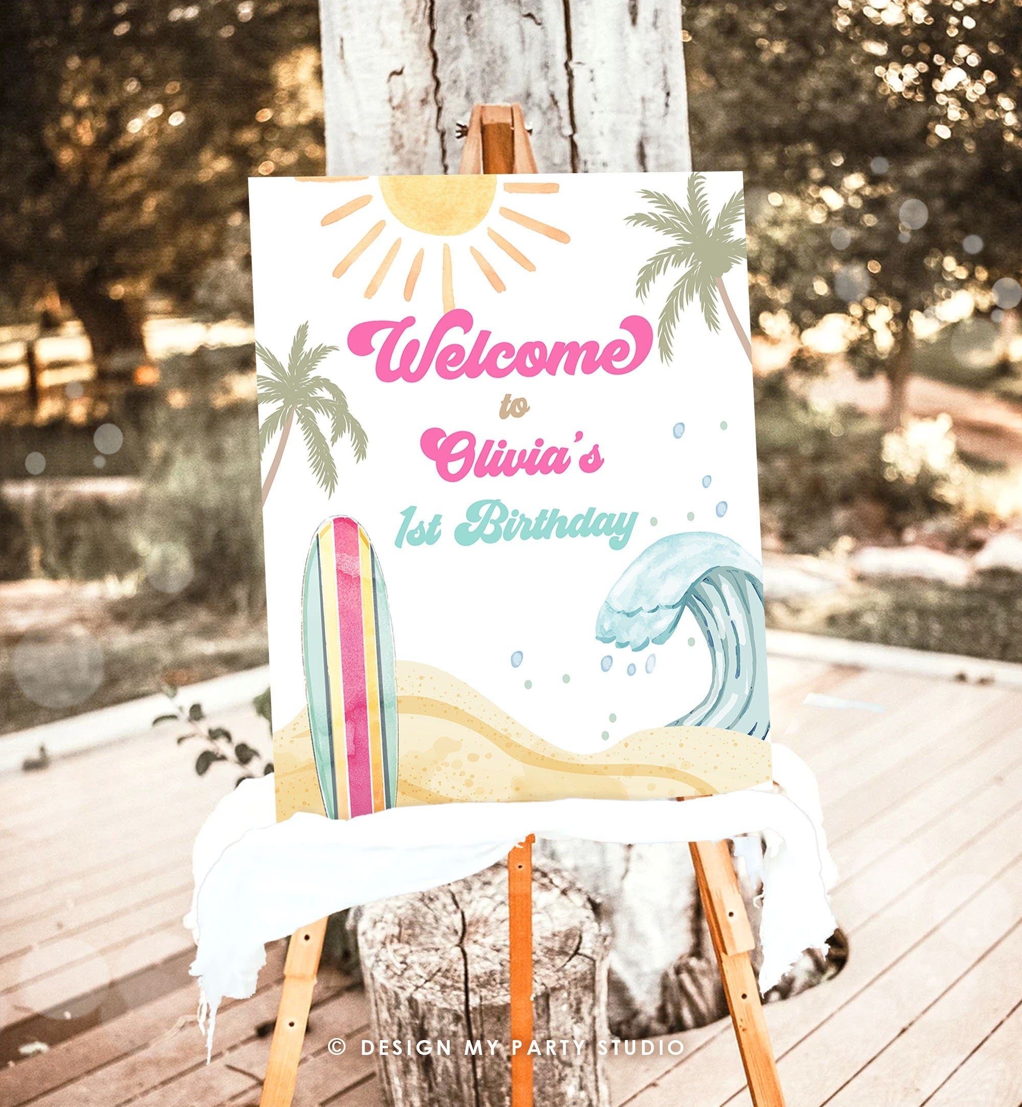 Editable Surf Birthday Welcome Sign Girl The Big One Birthday First Welcome Sign Beach Party Retro Big Wave Digital Template Printable 0433