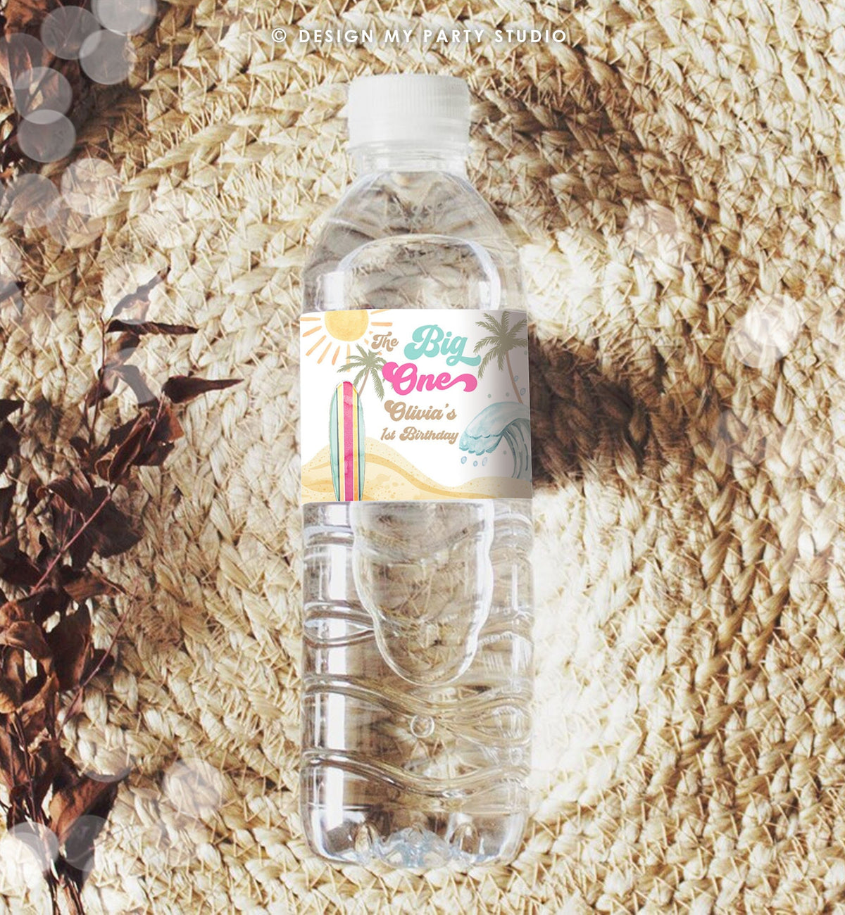 Editable Surf Water Bottle Label The Big One Party Decor Surf 1st Birthday Retro Girl Surfboard Digital Download Template Printable 0433