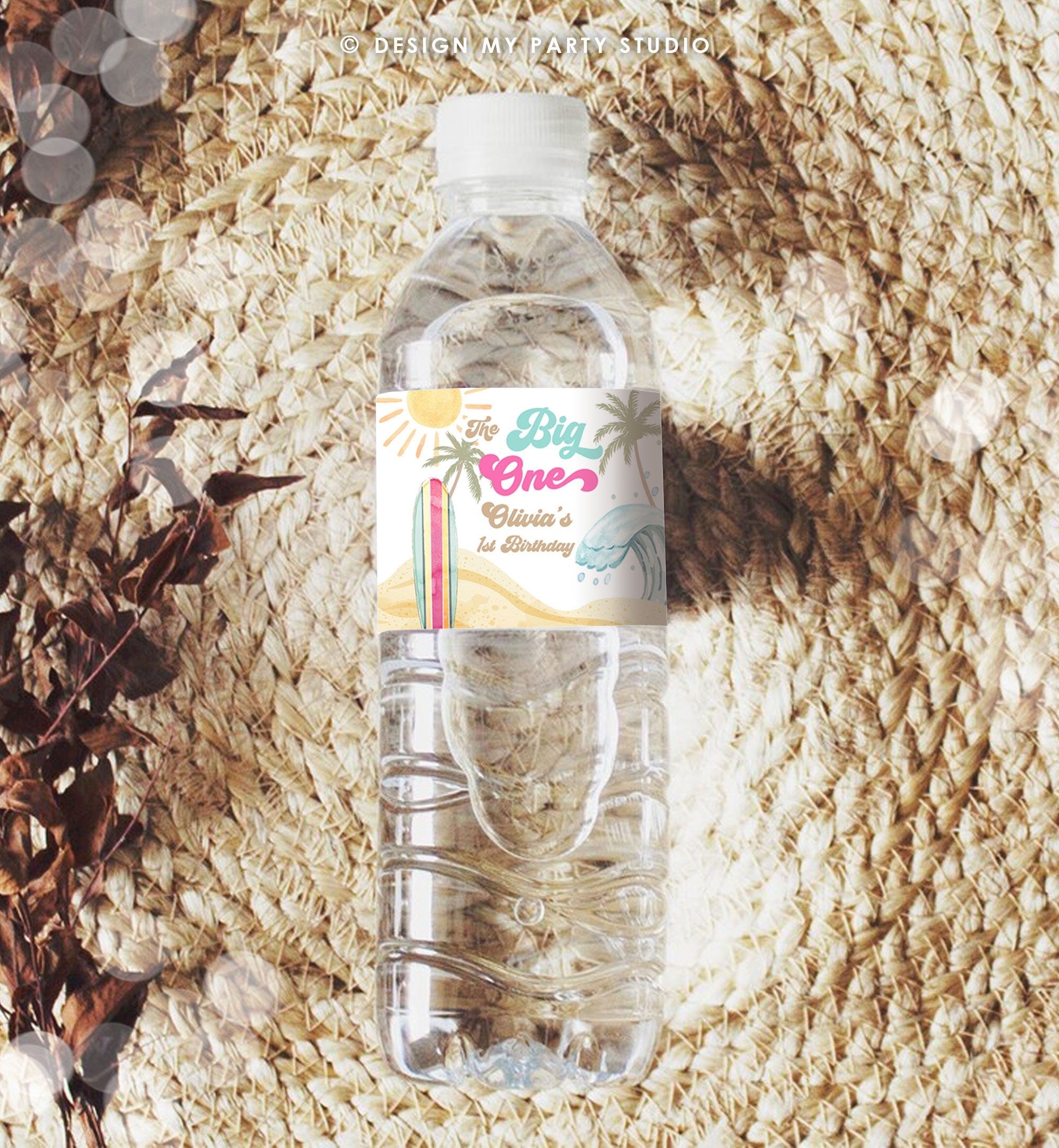 Editable Surf Water Bottle Label The Big One Party Decor Surf 1st Birthday Retro Girl Surfboard Digital Download Template Printable 0433