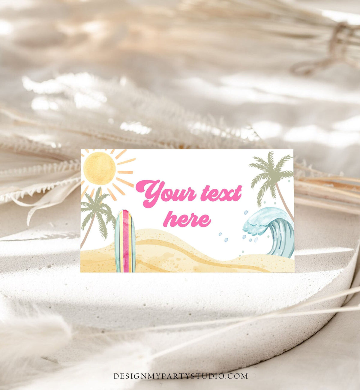 Editable Surf Food Labels Surfboard Birthday Place Card Tent Card Buffet Card Beach Party The Big One Retro Girl Decor Corjl Template 0433