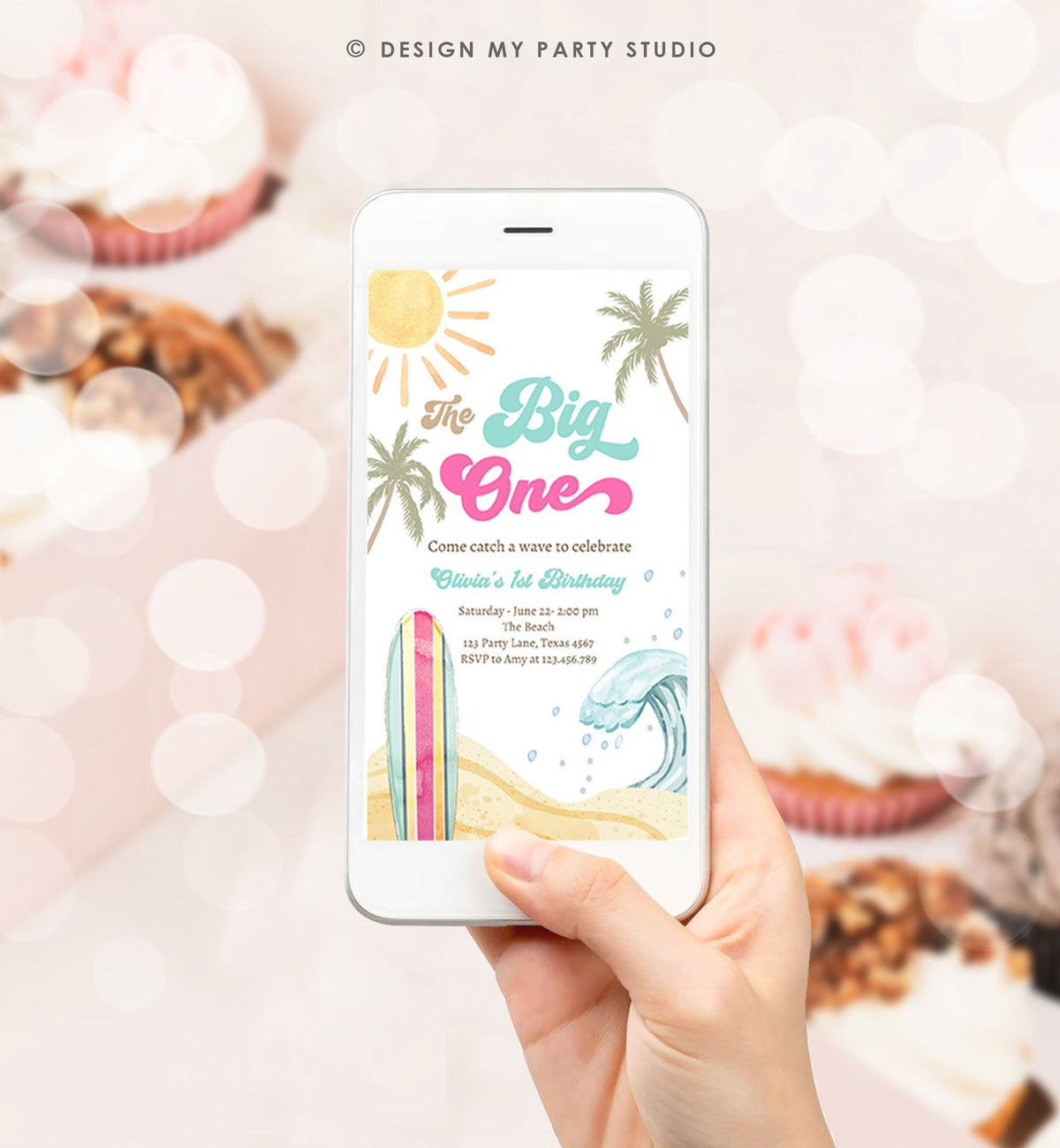 Editable The Big One Surf 1st Birthday Invitation Retro Surfboard Beach Party Wave Surfer Boho Girl Evite Digital Download Template 0433
