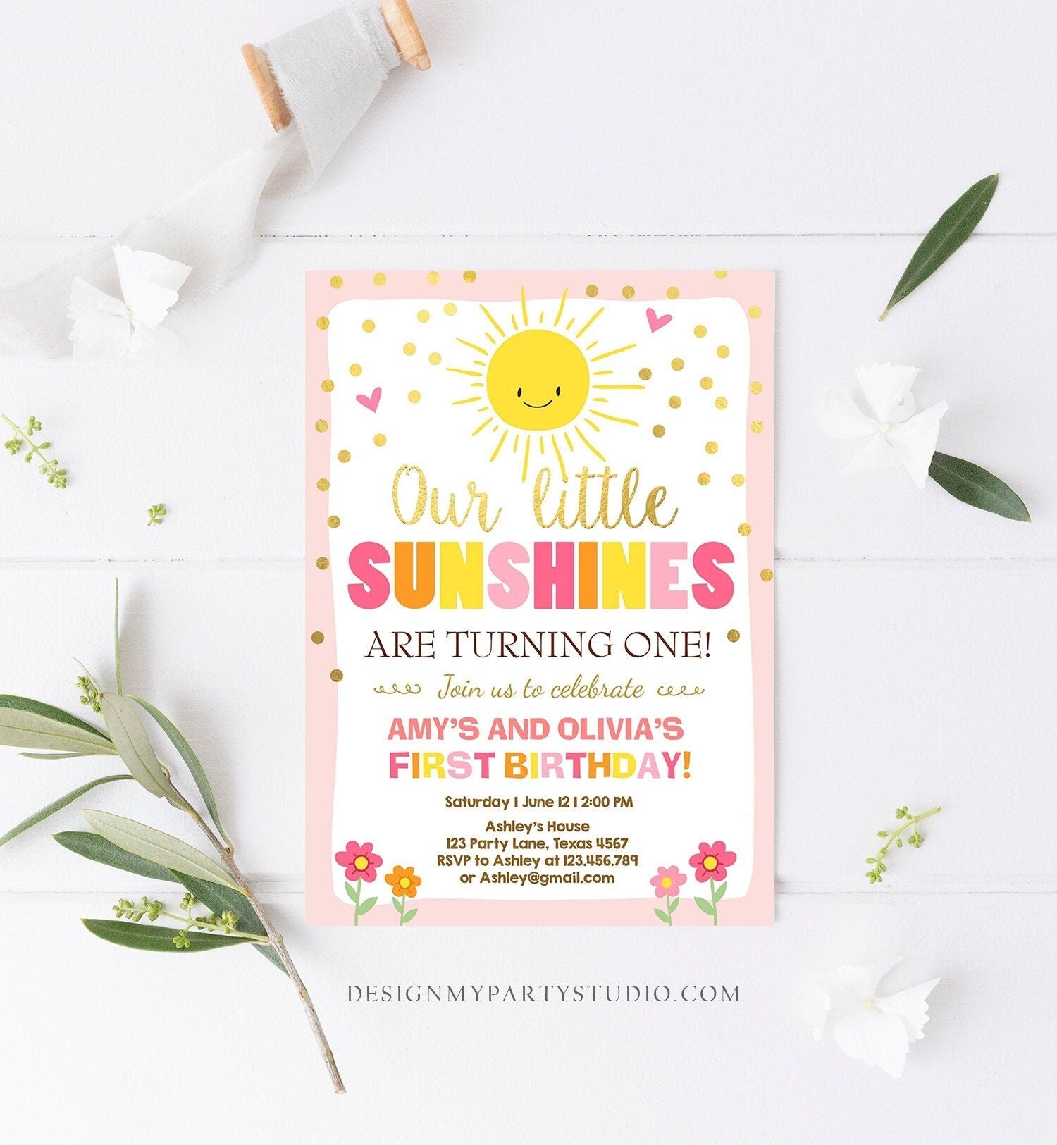 Editable Birthday Invitation Twins Little Sunshines Girls Siblings Pink Gold Girl Summer Digital Download Template Corjl Printable 0070