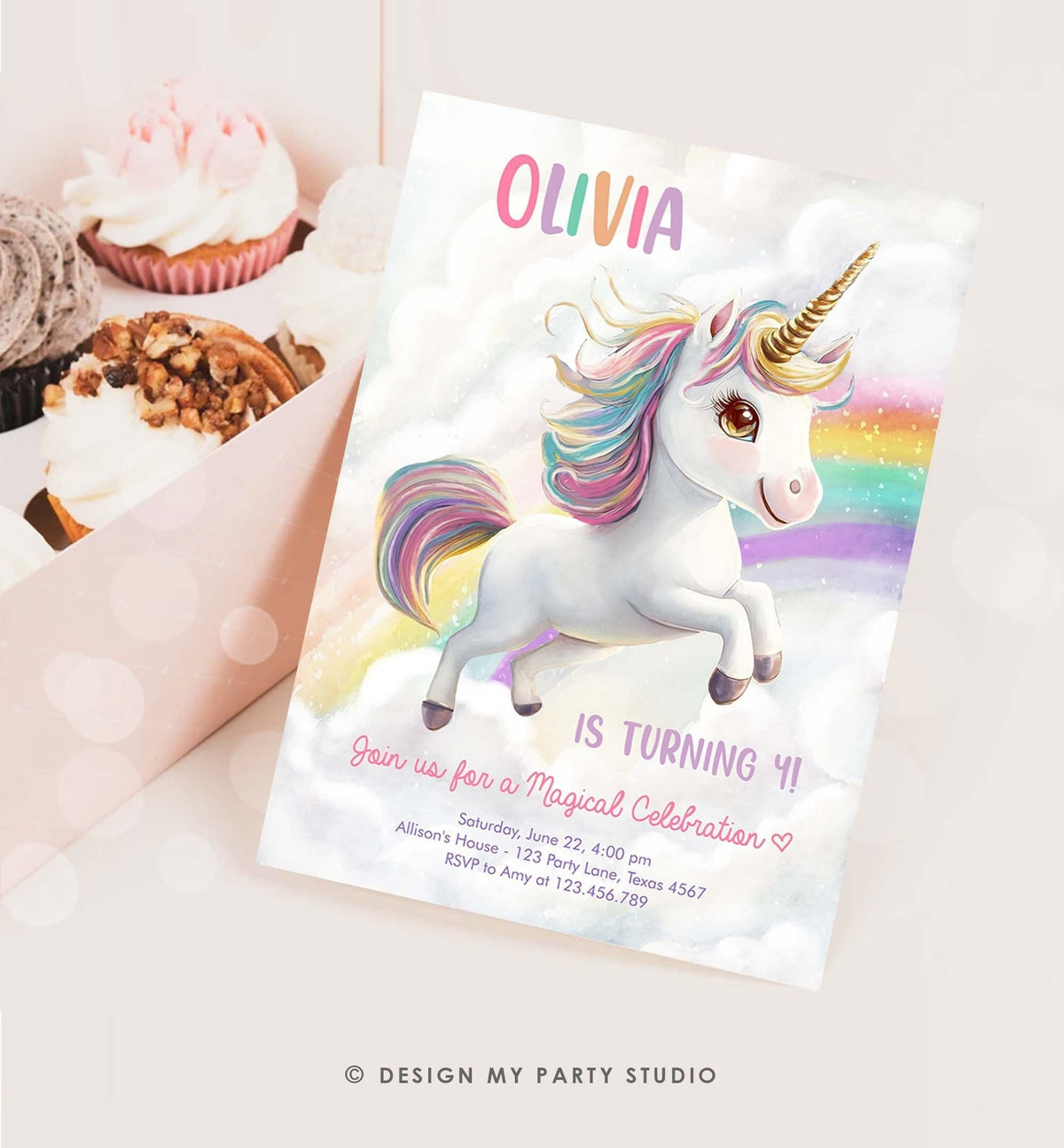 Editable Unicorn Birthday Invitation Magical Party Invite Girl Pink Pastel First Digital Unicorn Party Template Rainbow Download Corjl 0503