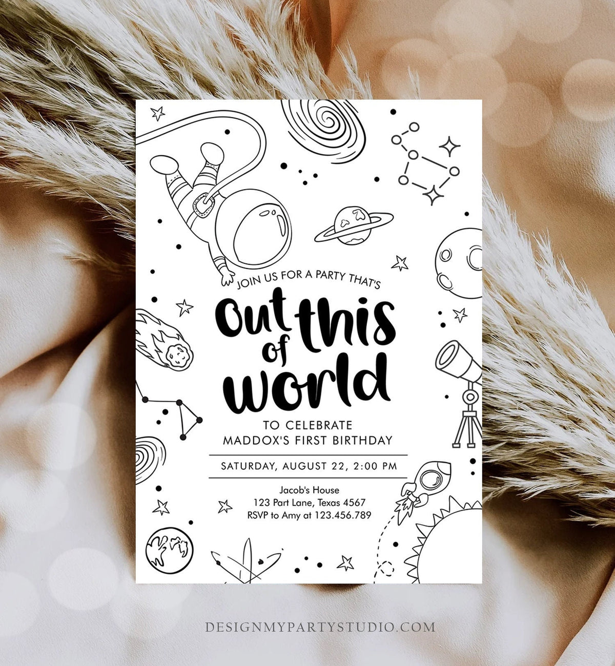 Editable Outer Space First Birthday Invitation Galaxy Out of This World Trip Around the Sun Digital Download Evite Template Printable 0467