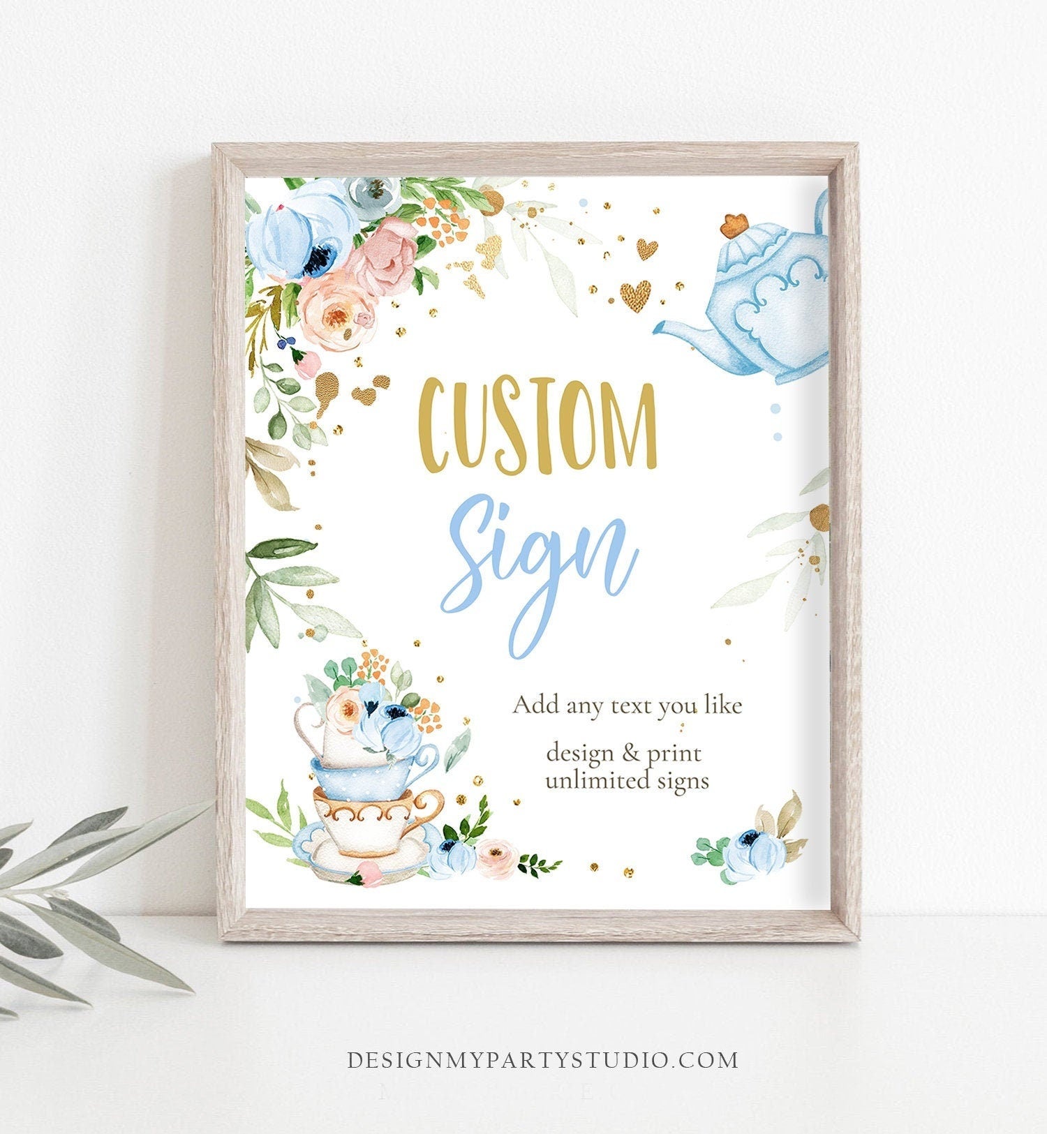 Editable Custom Tea Party Sign Baby Shower Baby is Brewing Floral Blue Gold Whimsical Boy Table Sign 8x10 Digital Template Printable 0349