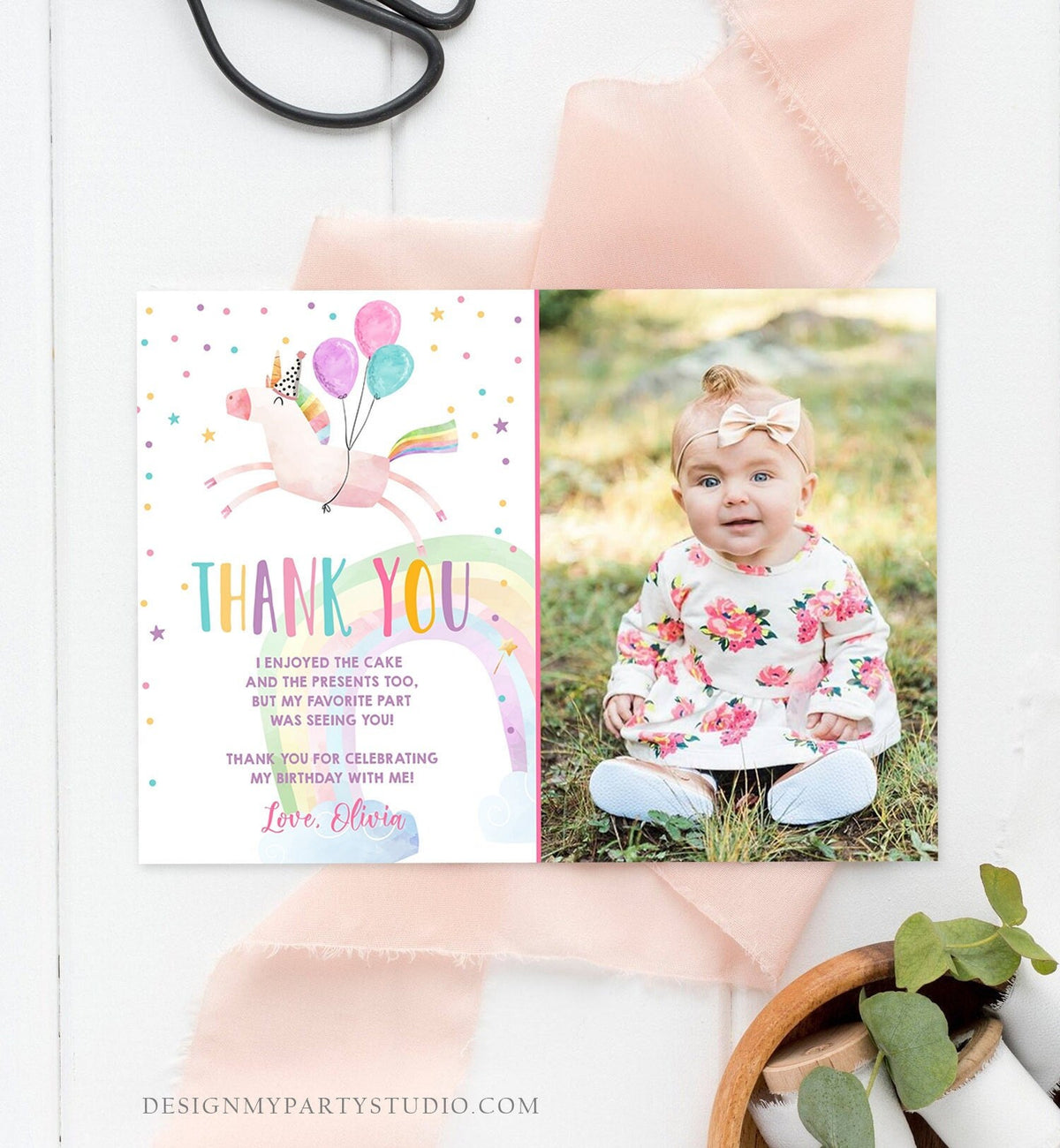 Editable Unicorn Thank You Card Girl Birthday Thank You Note Pink Gold Magical Party Baby Shower Digital Download Template Printable 0336