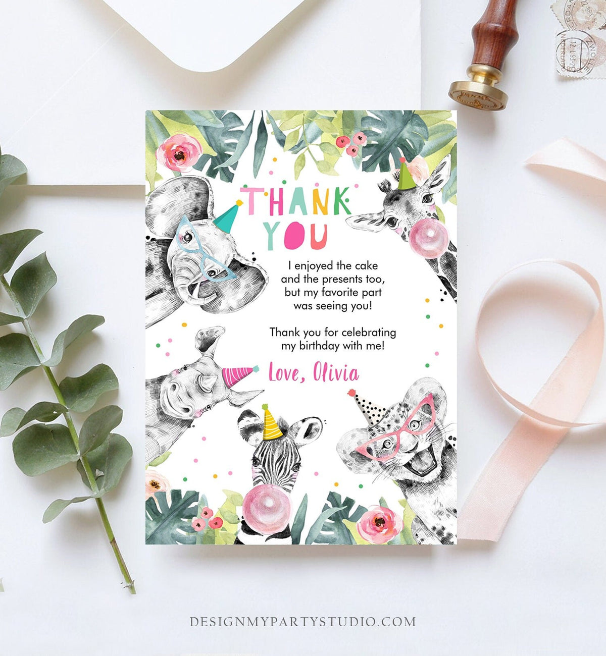 Editable Thank You Card Safari Animals Wild One Two Wild Thank You Note Girl Pink Gold Zoo Party Animals Digital Template Printable 0322