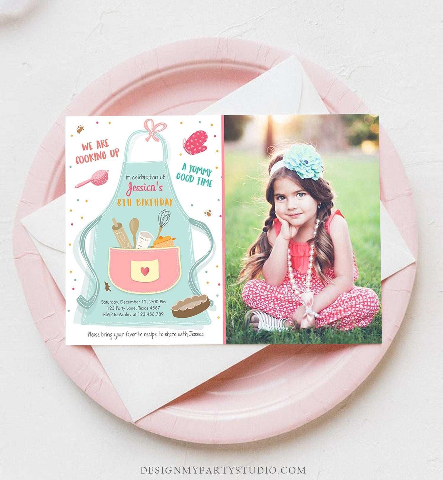 Editable Kids Kitchen Cooking Birthday Invitation Pink Girl Chef Baking Party Cakes Pies Cupcakes Digital Download Template Printable 0219