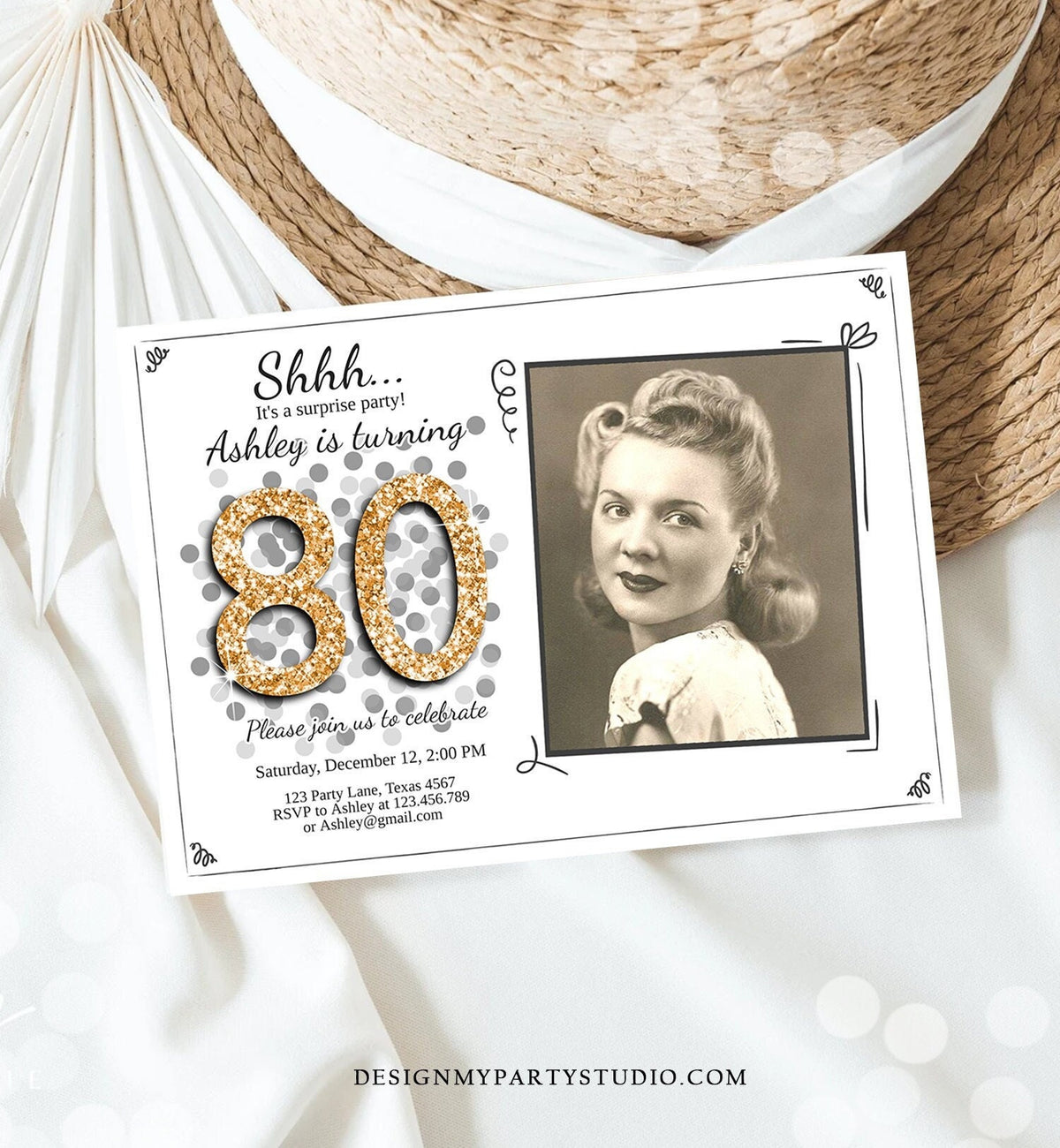 Editable ANY AGE Surprise Birthday Invitation Adult 80th Party Rustic Chalk Black Gold Glitter Photo Download Corjl Template Printable 0103