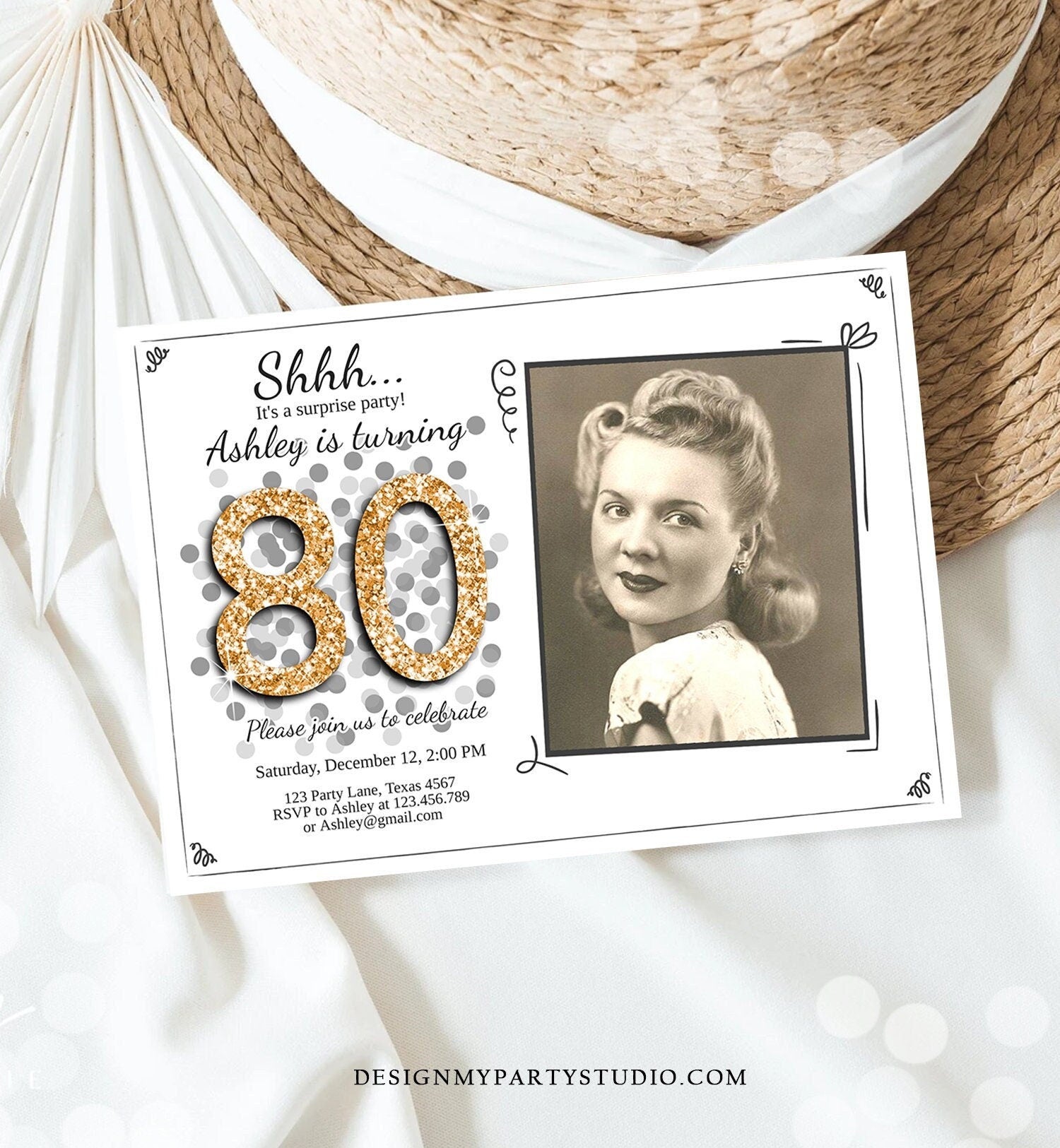 Editable ANY AGE Surprise Birthday Invitation Adult 80th Party Rustic Chalk Black Gold Glitter Photo Download Corjl Template Printable 0103