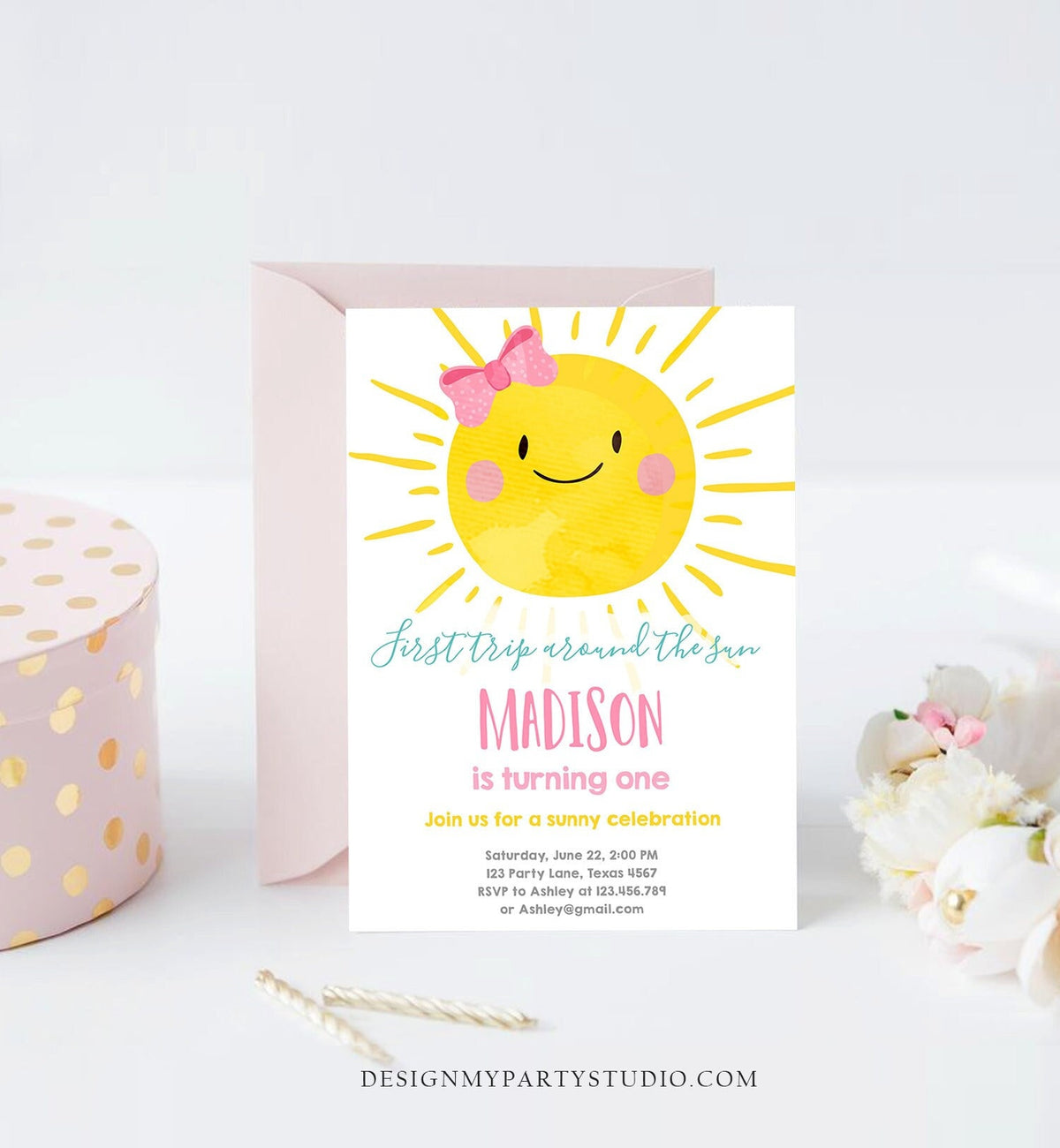 Editable First Tip Around the Sun Birthday Invitation Sunshine First Birthday 1st Party Pink Girl Bow Summer Download Corjl Template 0141