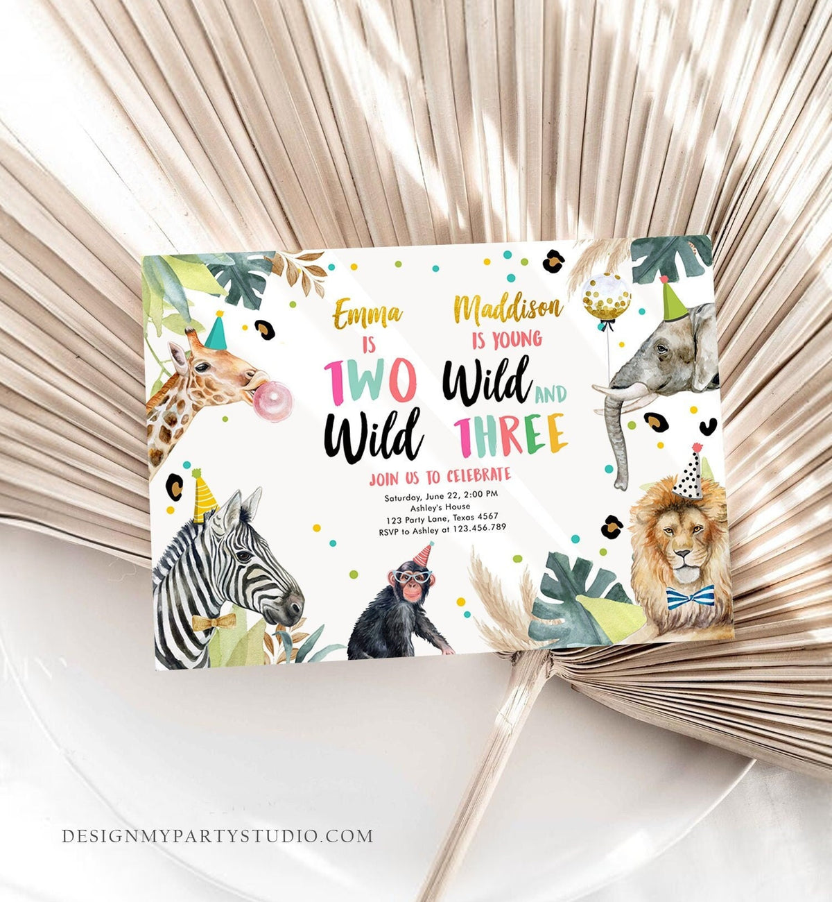 Editable Two Wild Young Wild and Three Invitation Girl Pink and Gold Safari Animals Zoo Joint Coed Digital Download Template Printable 0417