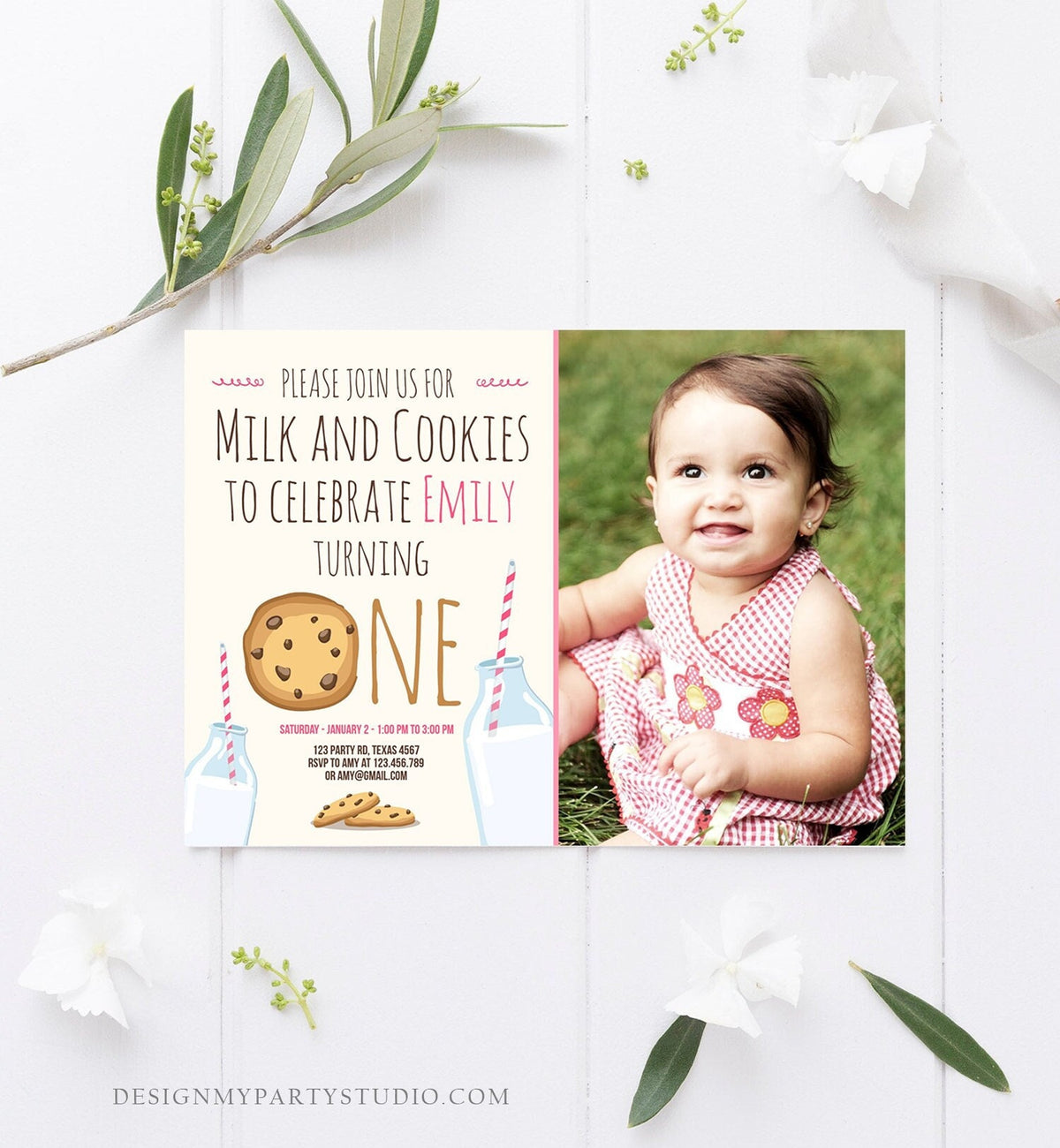Editable Milk and Cookies Birthday Invitation Milk Cookies Party Girl Birthday Pink First Digital Download Evite Template Printable 0088