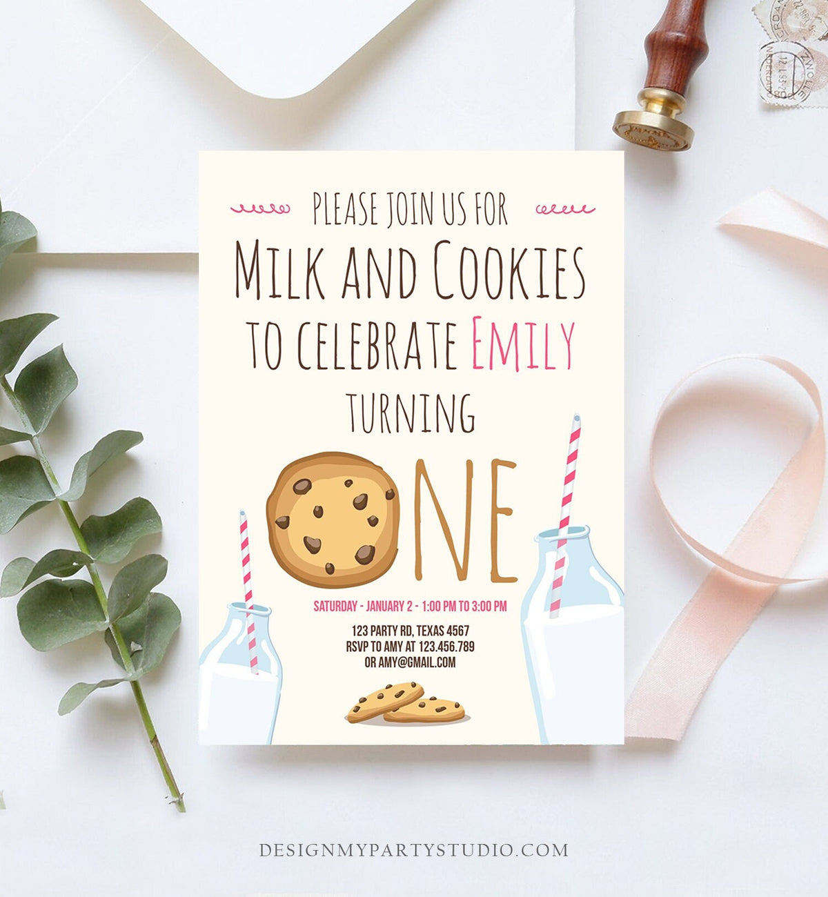Editable Milk and Cookies Birthday Invitation Milk &amp; Cookies Party Girl Birthday Pink First Digital Download Evite Template Printable 0088