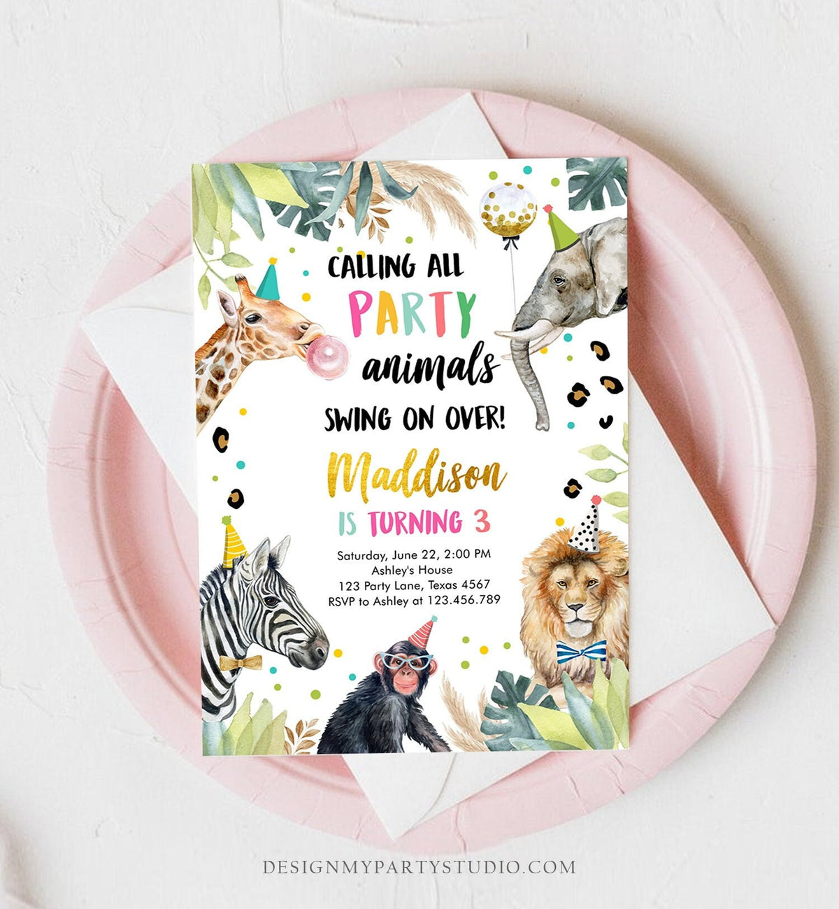 Editable Party Animals Birthday Invitation Wild One Animals Zoo Safari Animals Girl Digital Download Evite Template Printable 0417