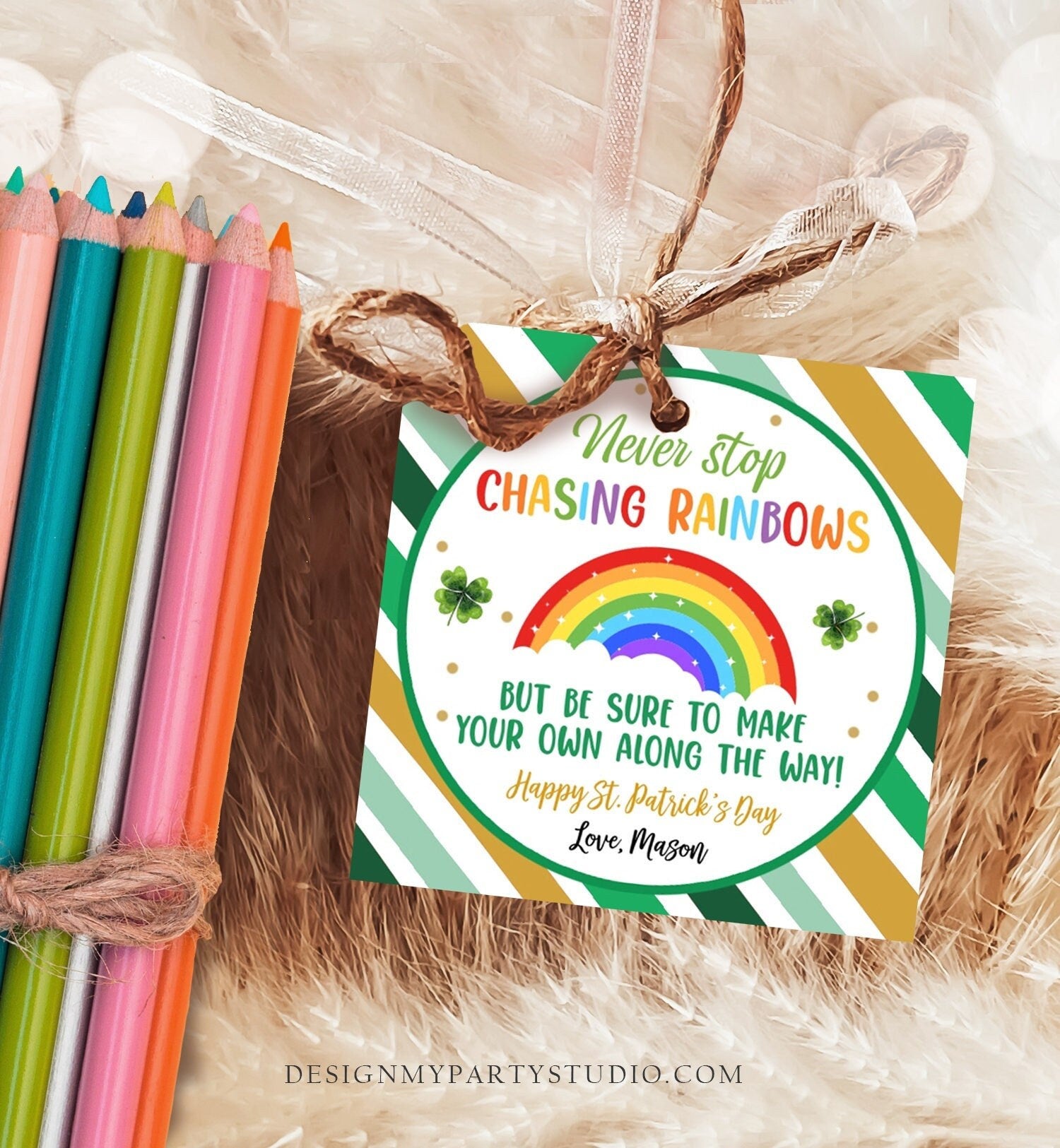Editable Chasing Rainbows Tag St Patrick's Day Favor Tags Gift Kids Crayons Pot of Gold Shamrock Leprechaun Digital Template Printable 0451