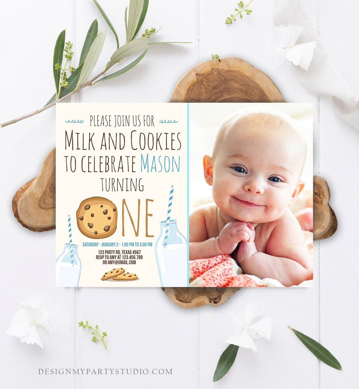 Editable Milk and Cookies Birthday Invitation Milk Cookies Party Boy Birthday Blue First Birthday Digital Download Template Printable 0088