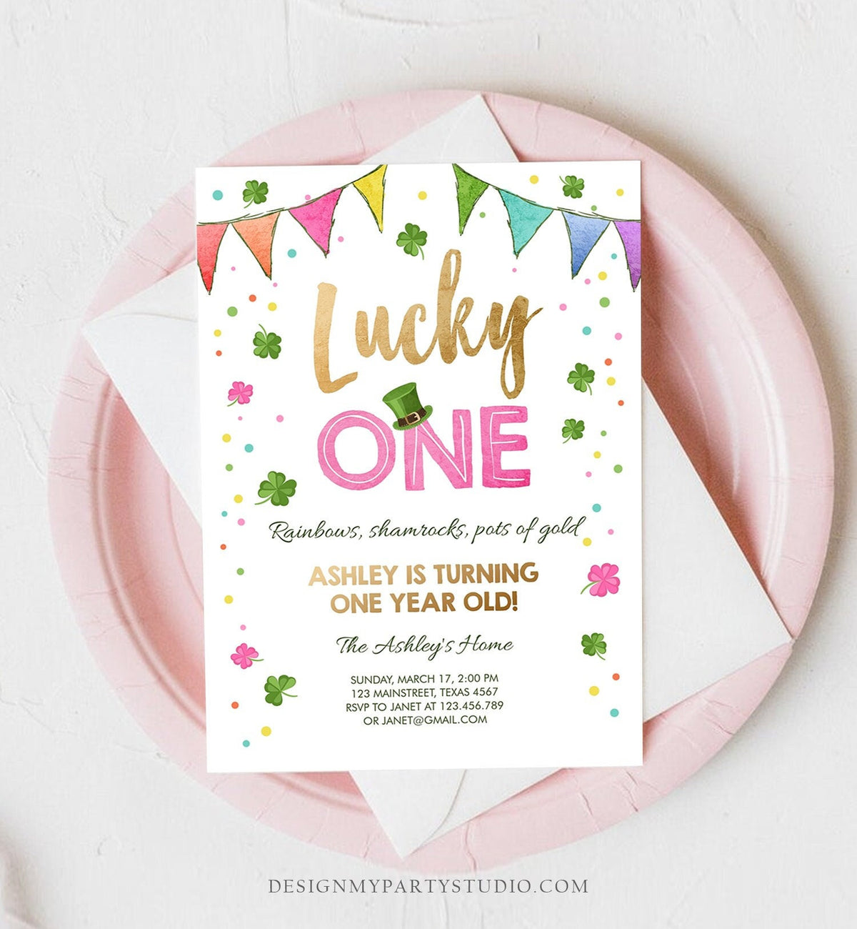 Editable St. Patrick&#39;s Day Birthday Invitation Shamrock Clover St Patricks day Birthday Lucky One Girl Printable Invite Template Corjl 0115