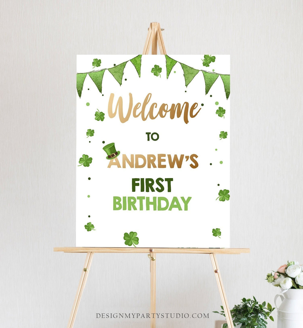 Editable St. Patrick&#39;s Day Welcome Sign Boy Green Gold Lucky 1st Birthday Shamrock St Patricks Day Digital Download Template Printable 0115