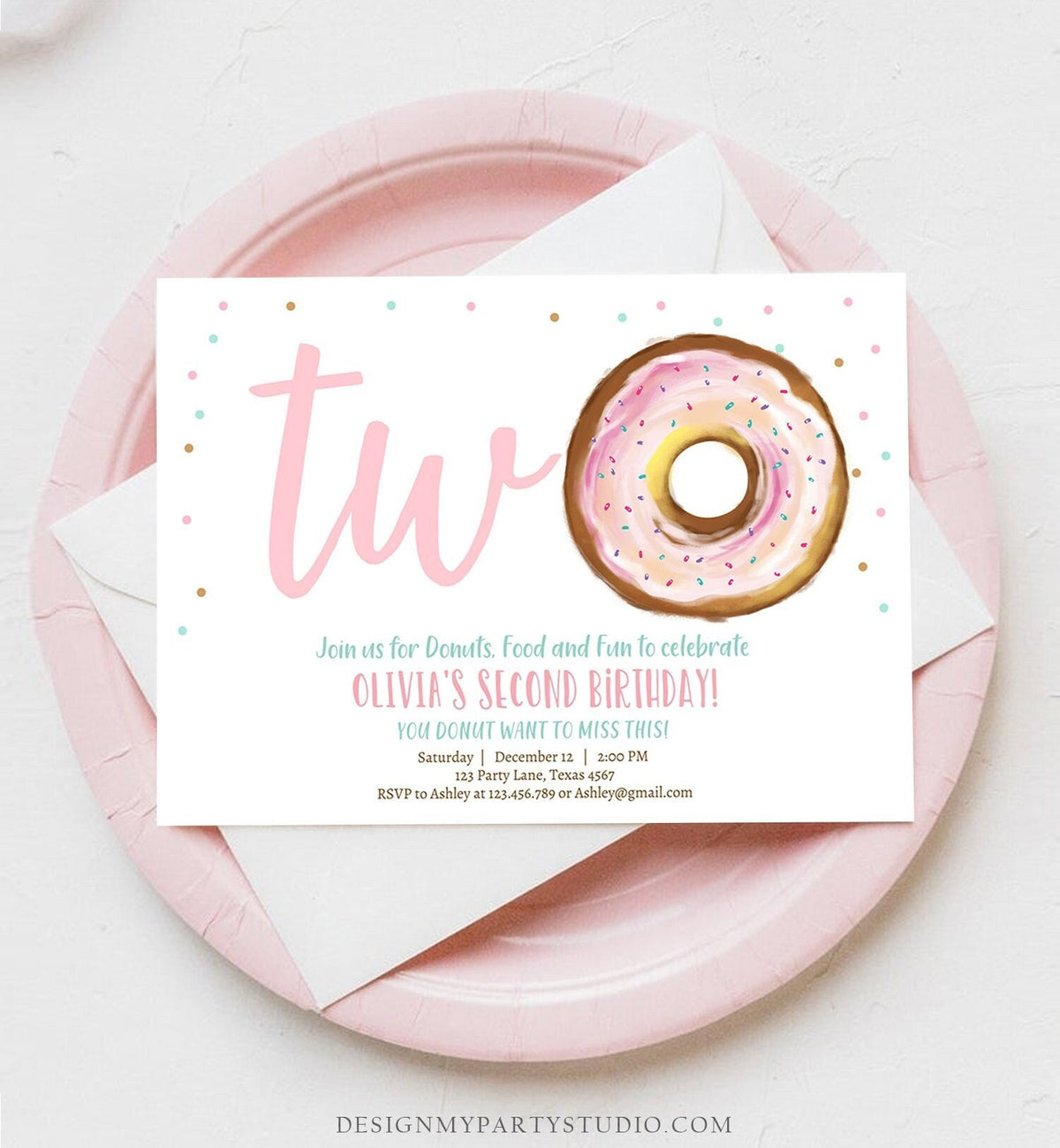 Editable Donut 2nd Birthday Invitation Second Birthday Invite Pink Donut Girl Two Sweet Party Digital Download Printable Template Corjl 0368