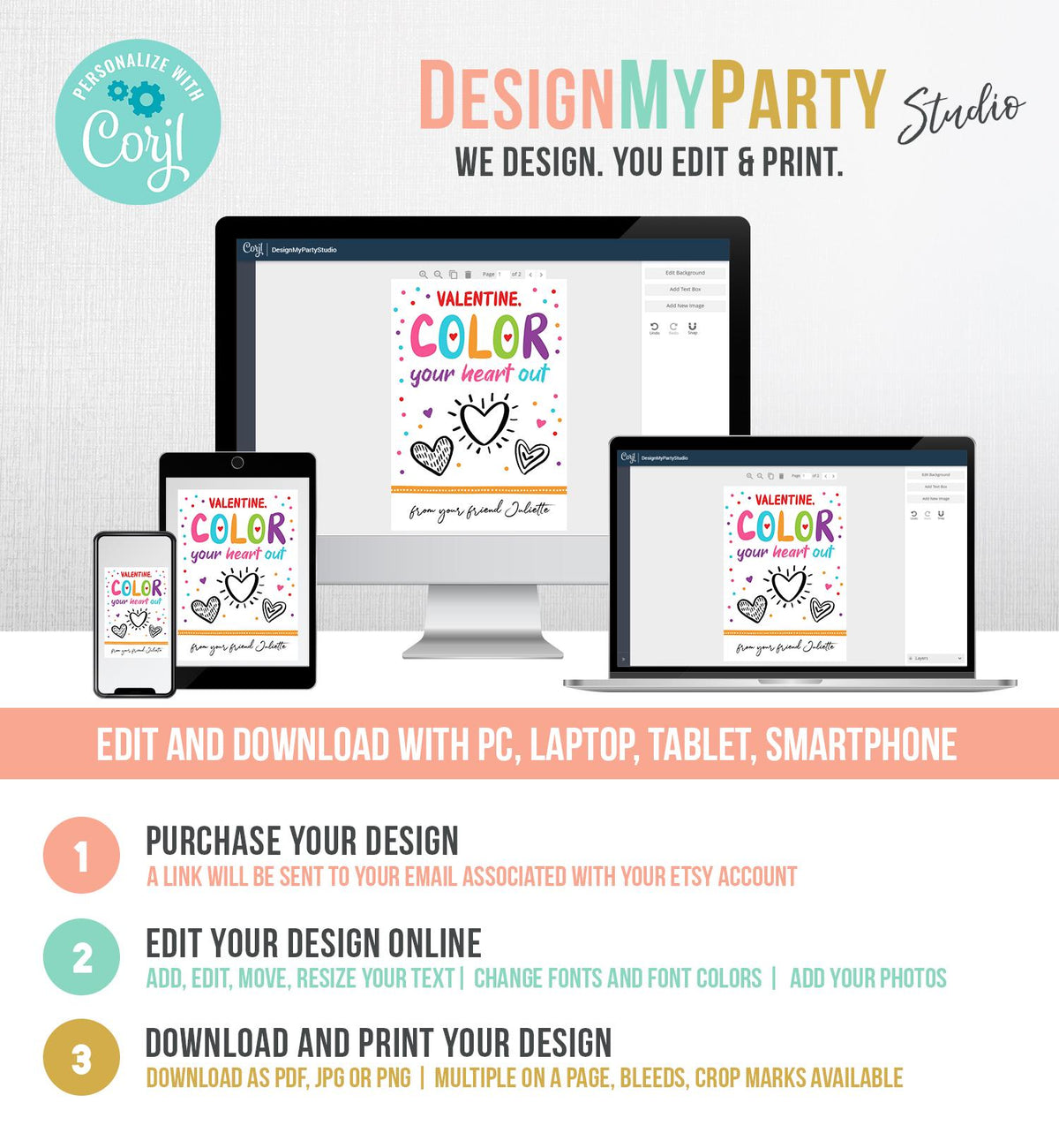 Editable Valentine&#39;s Day Crayon Card Color Your Heart Out Valentines Day Card for Kids Printable Personalized Digital PRINTABLE 0370