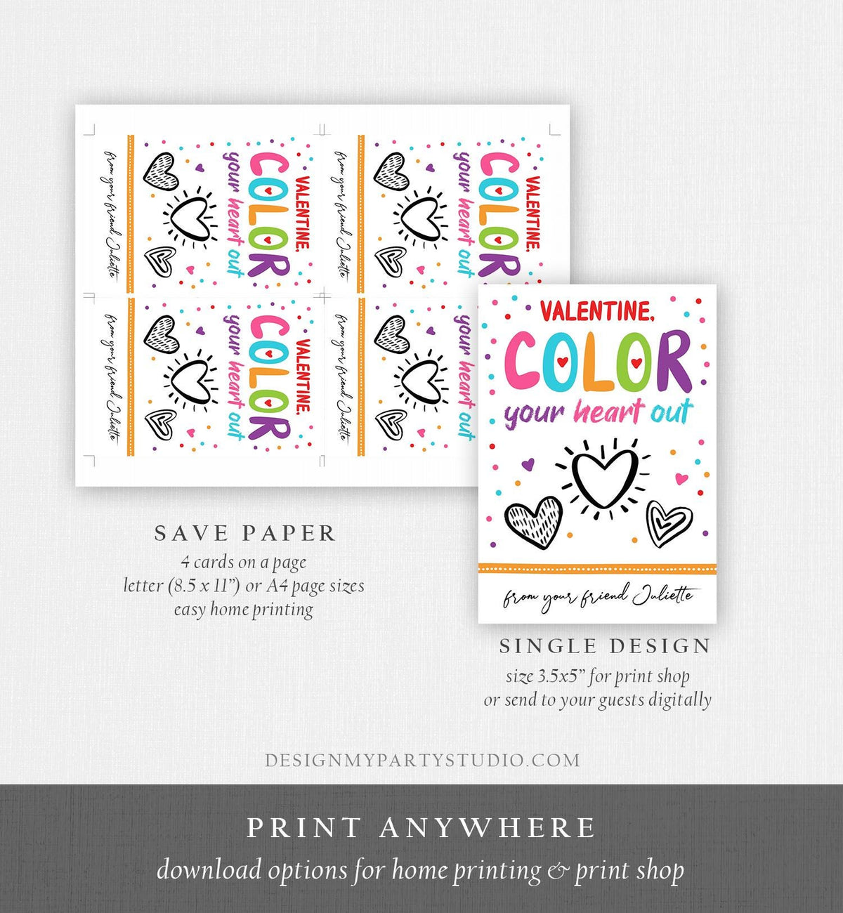 Editable Valentine&#39;s Day Crayon Card Color Your Heart Out Valentines Day Card for Kids Printable Personalized Digital PRINTABLE 0370