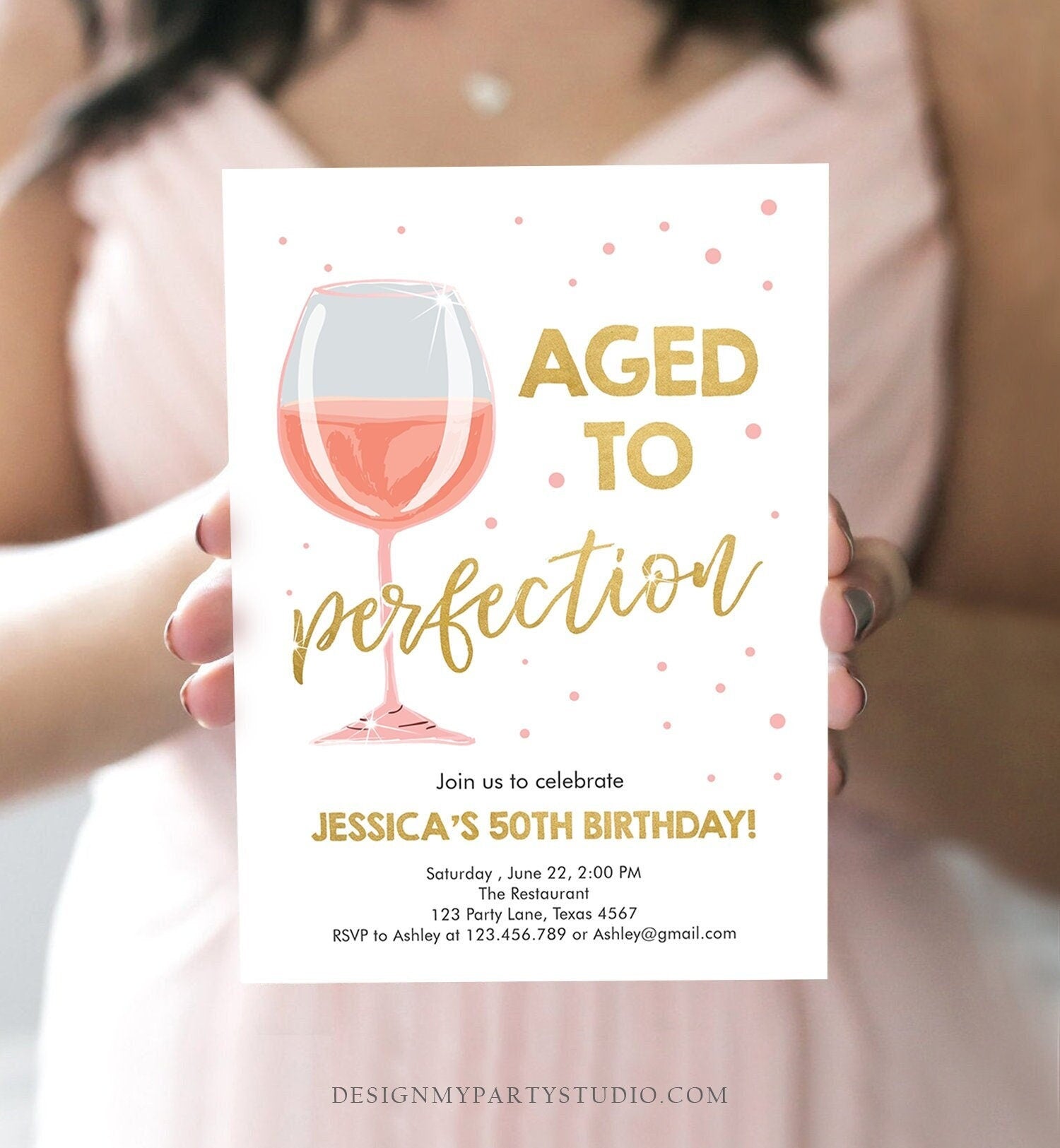 Editable Aged to Perfection Birthday Invitation Pink Rose Wine Glass Adult Birthday Party Rustic Surprise Digital Template Printable 0252
